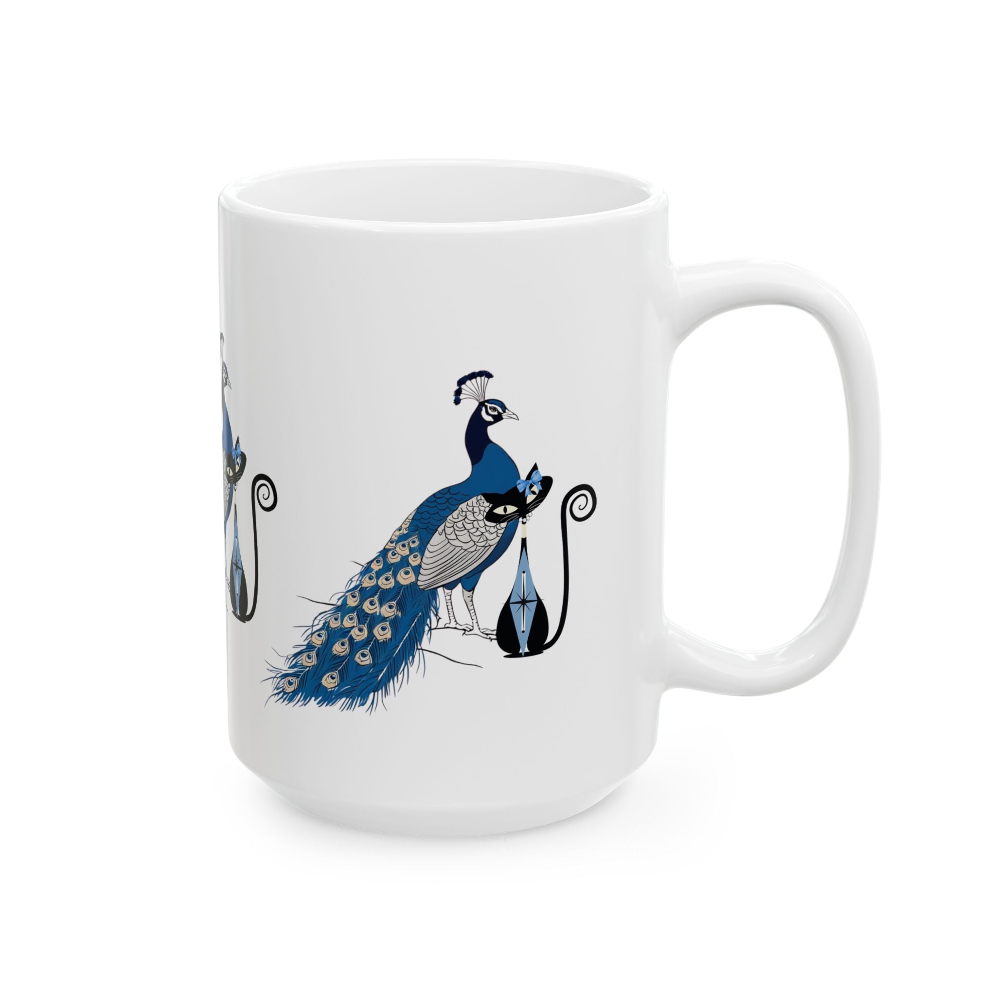 Atomic Cat Mug Blue Chinoiserie Peacock MCM Black Cat Mug Vintage Inspired Gift Elegant Peacock Ceramic Mug - Mid Century Modern Gal