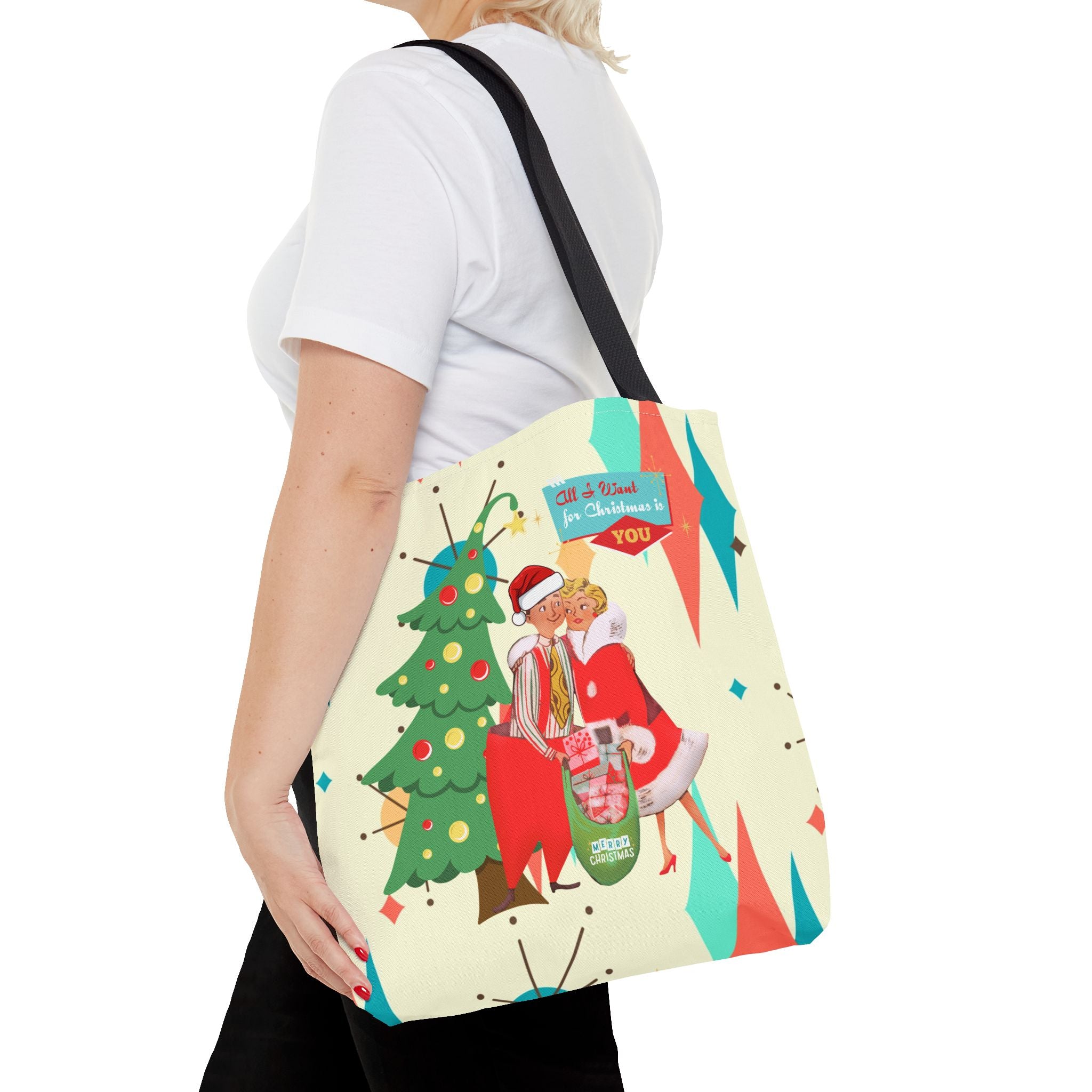 Christmas Couples Tote Bag, Cute Holiday Gift, Fun Shopping Bag, Joyful Christmas Decor, Merry Tote for Party Use - Mid Century Modern Gal