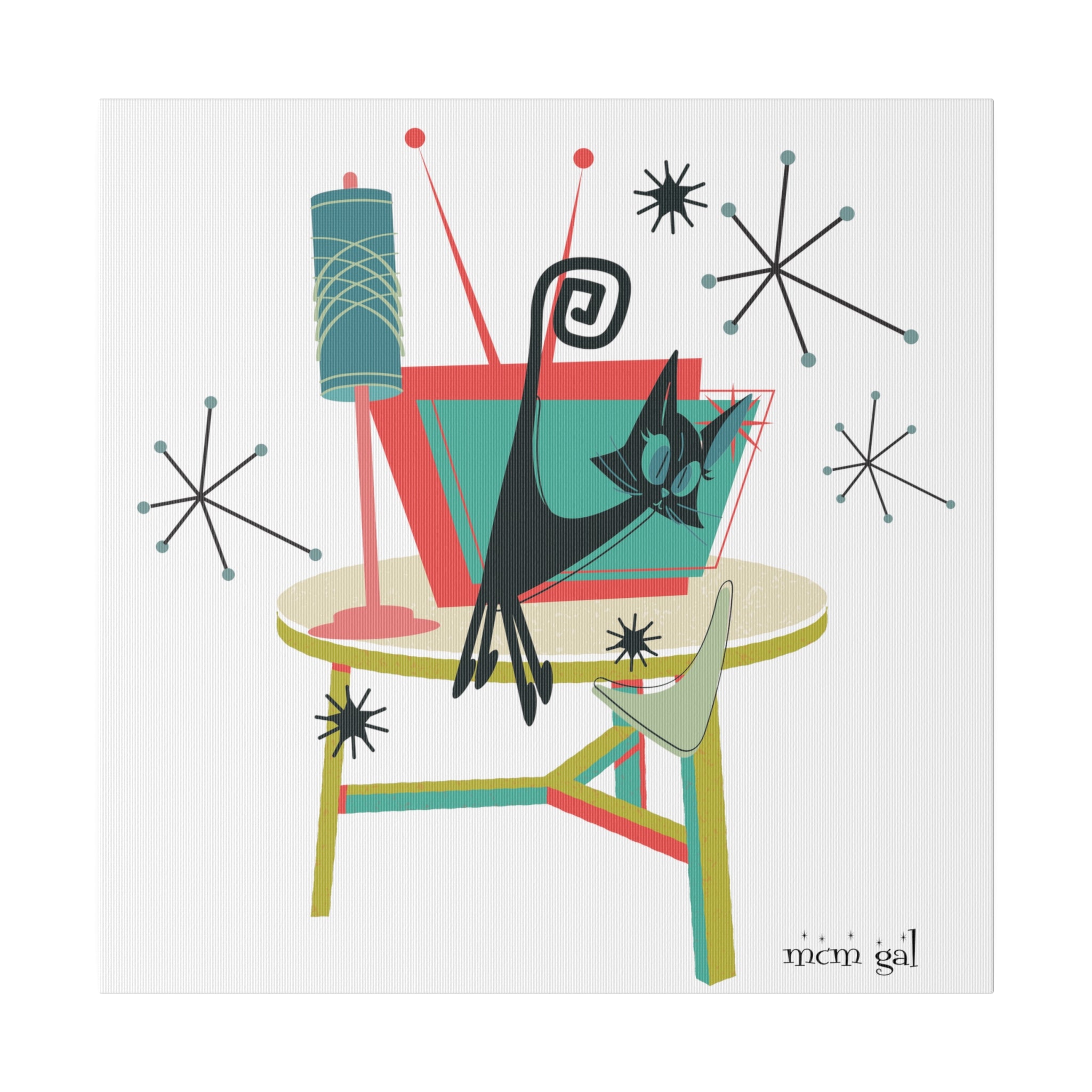 Atomic Cat Art, Quirky Kookie Mid Century Modern Matte Canvas - Mid Century Modern Gal