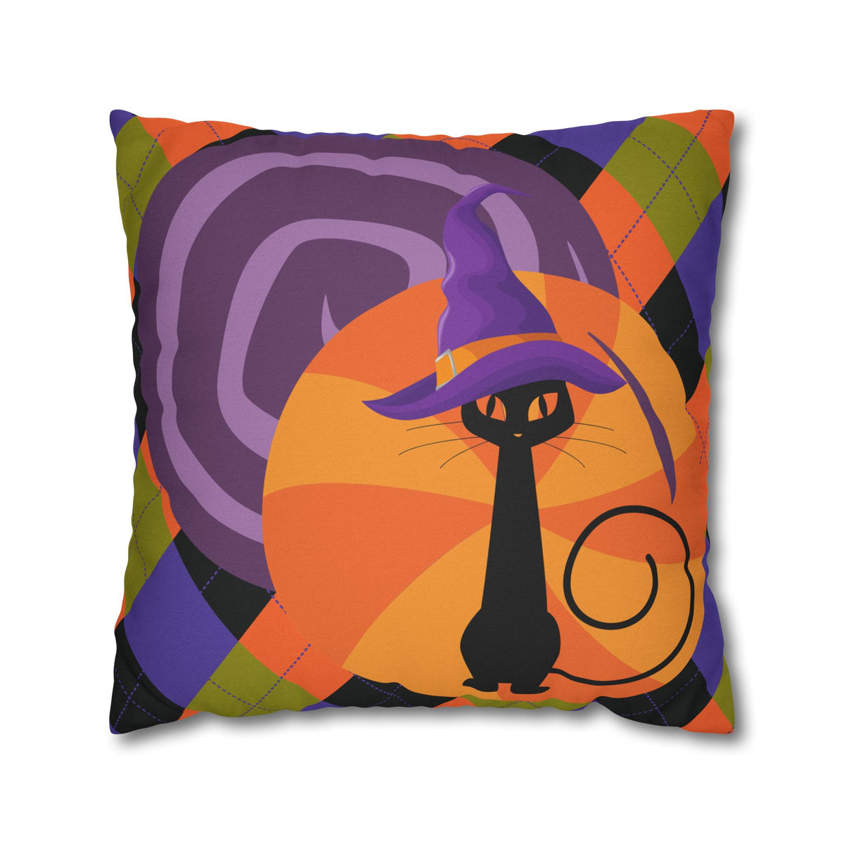 Atomic Cat Harlequin Pattern Orange Purple Black, Kitschy Halloween Pillow Cover - Mid Century Modern Gal