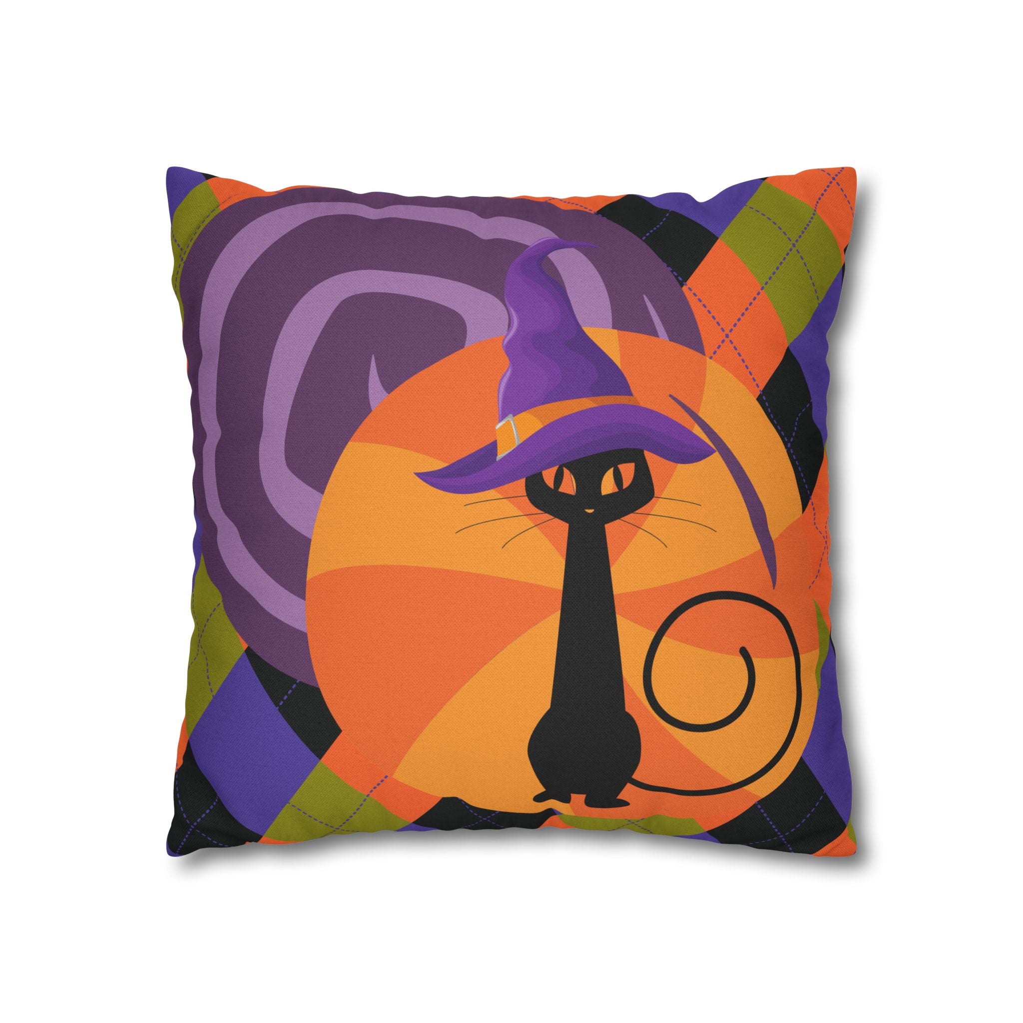 Atomic Cat Harlequin Pattern Orange Purple Black, Kitschy Halloween Pillow Cover - Mid Century Modern Gal