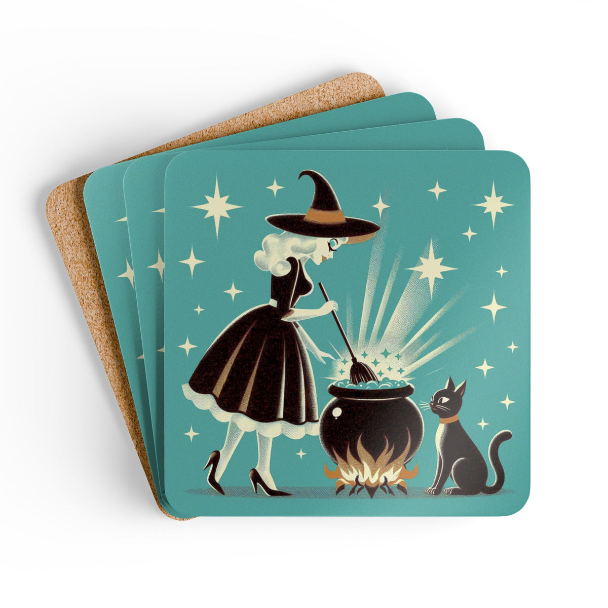 Witch's Brew Mid Century Modern Halloween Gothic Teal Corkwood Coaster Set - Mid Century Modern Gal
