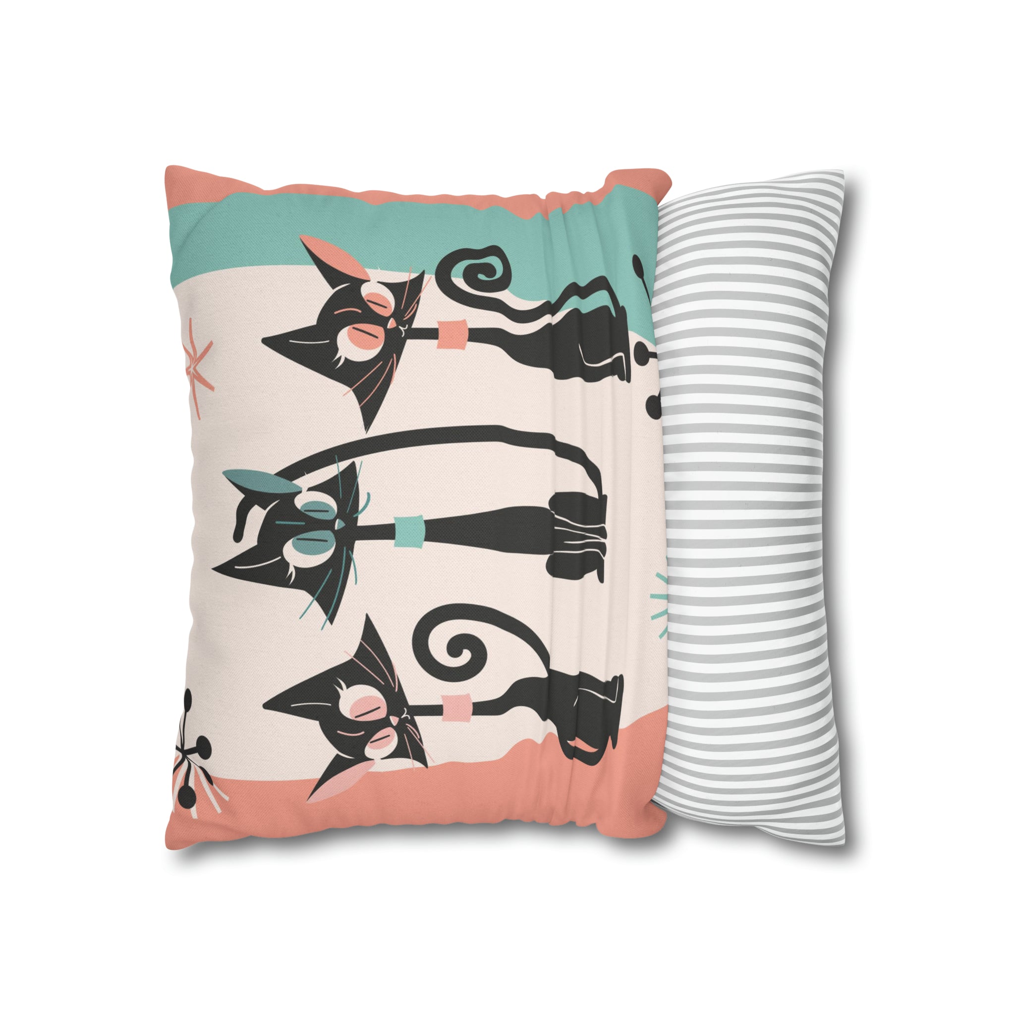 Atomic Cat Pillow, Kitschy 50s Mid Century Modern Style, Coral, Aqua, Creamy Beige, Retro MCM Atomic Home Living Pillow COVER - Mid Century Modern Gal
