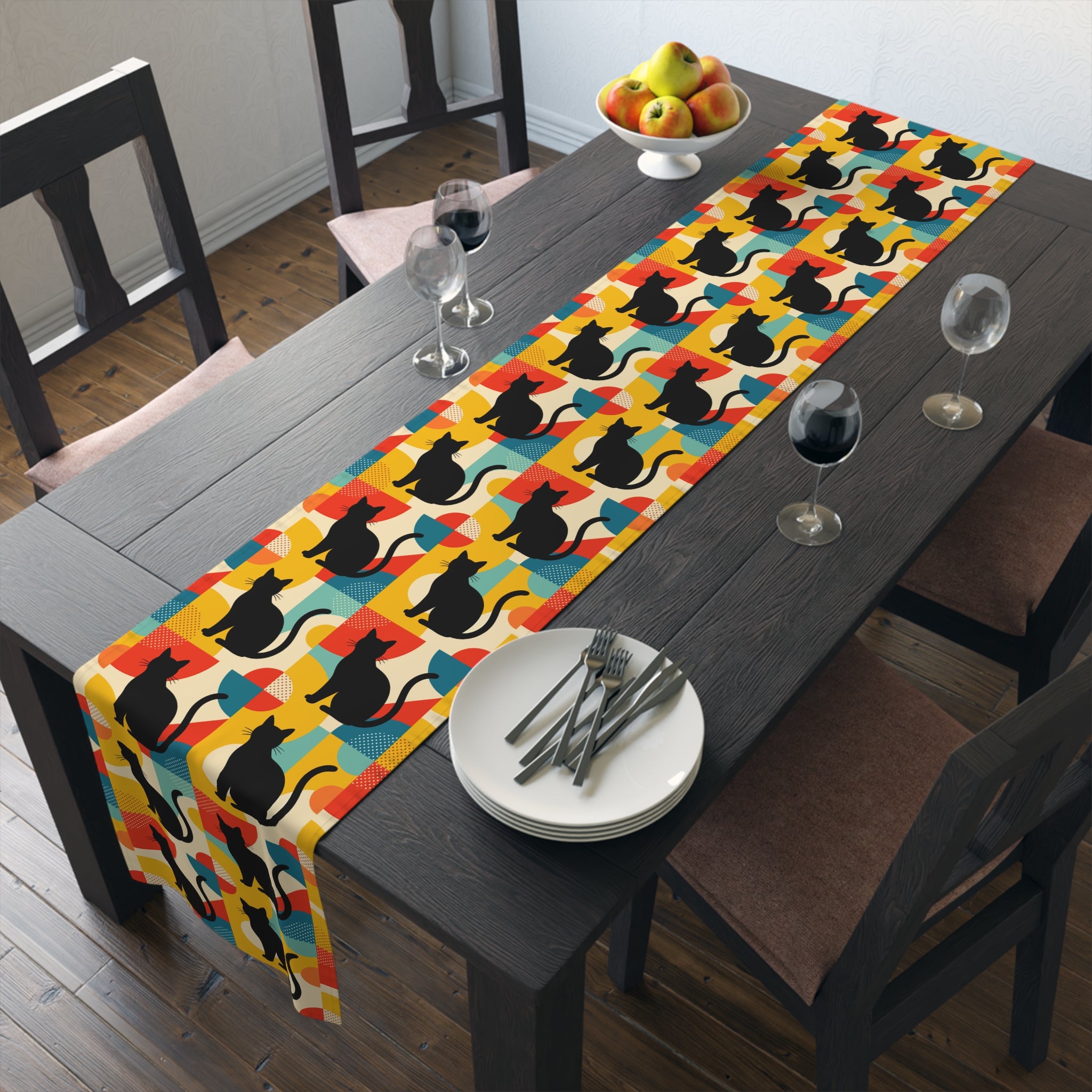 Pop Art Black Atomic Cats, Red Blue Yellow, Table Runner - Mid Century Modern Gal
