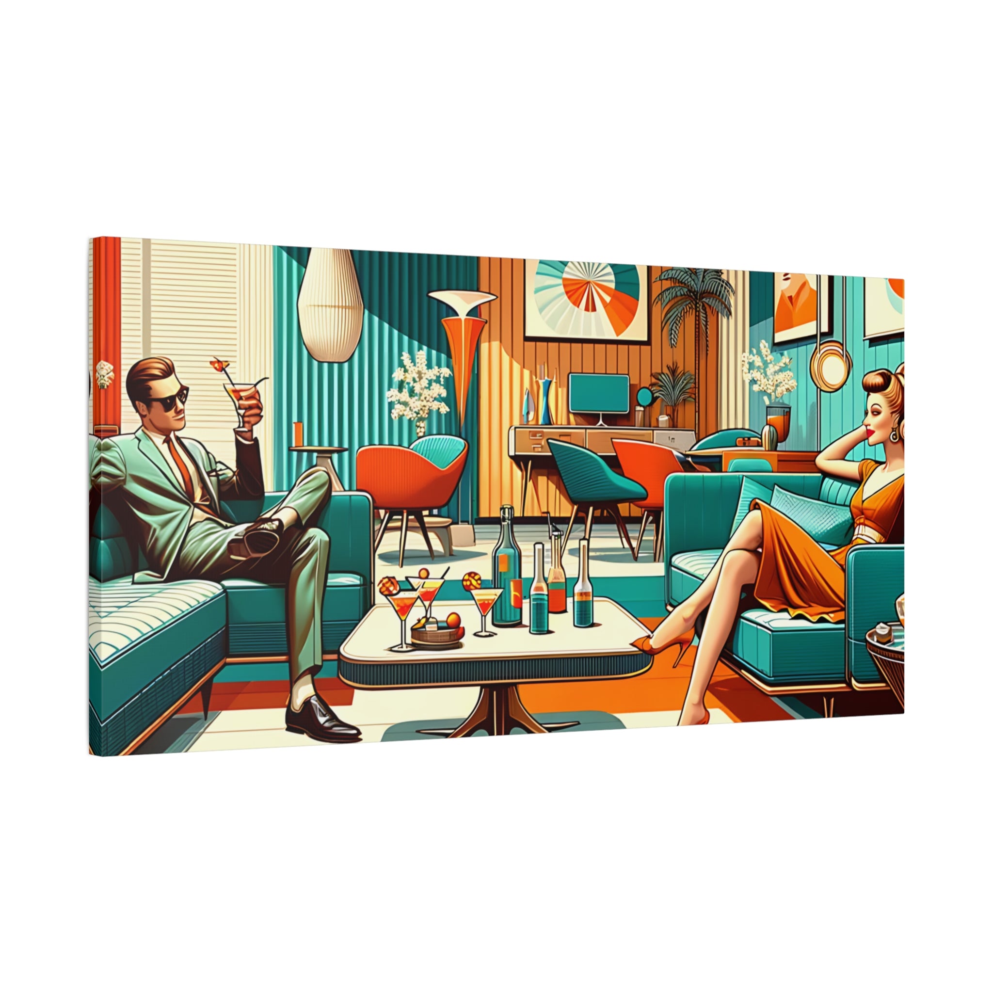Retro Chic Canvas Art | Vintage Lounge Decor, Mid-Century Home, Wall Art for Living Room, Cocktail Party Vibe, Gift for Her - Mid Century Modern Gal