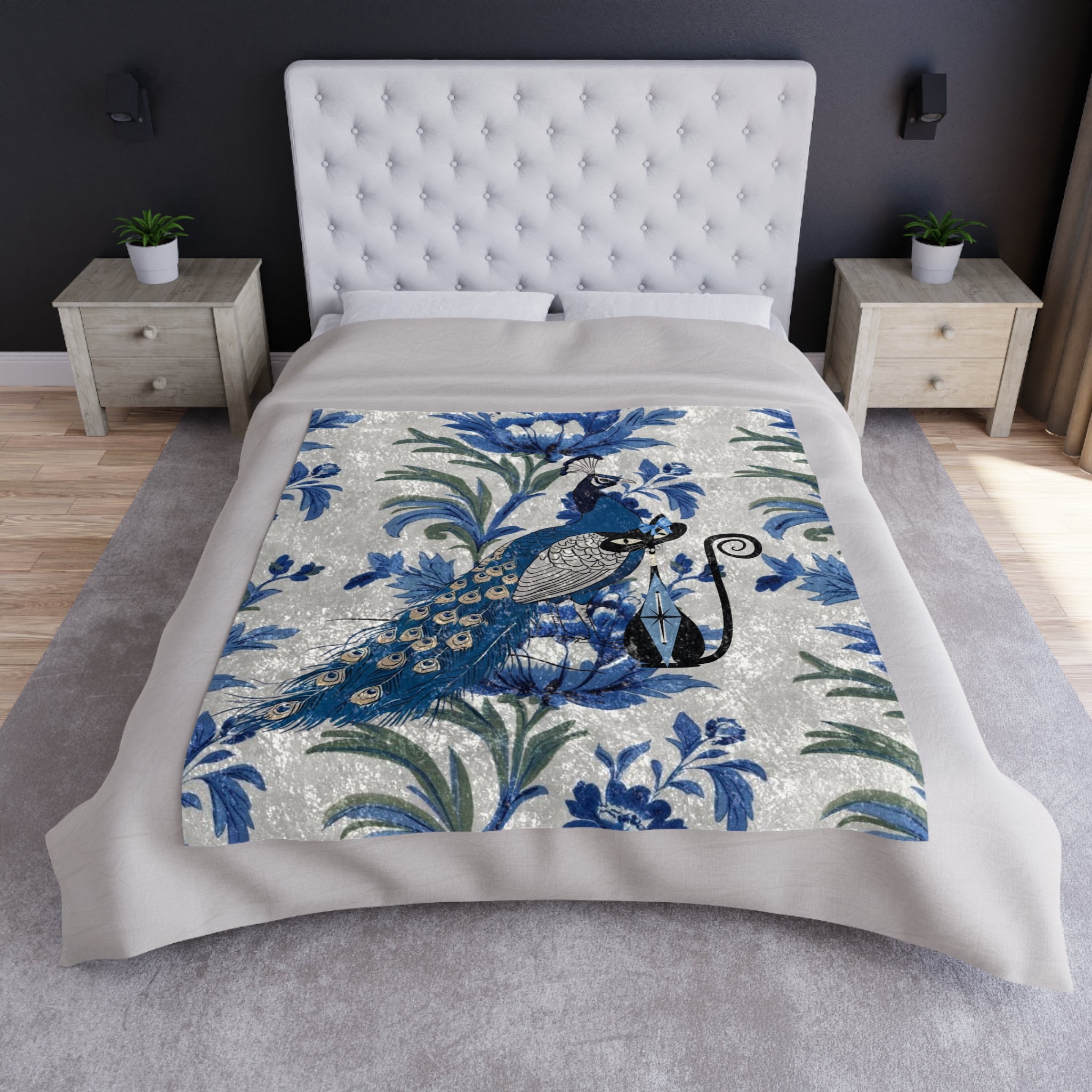 Chinoiserie Elegant Peacock, Atomic Cat Crushed Velvet Blanket - Luxurious Throw for Home Décor - Mid Century Modern Gal