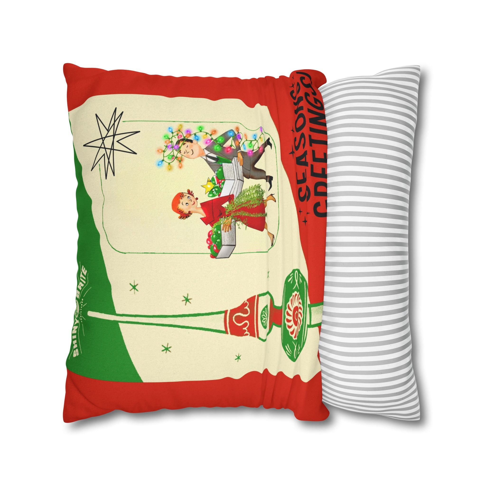 Shiny Brite Holiday Pillow Cover, Mid Century Modern Kitschy Couple Season Greetings - Mid Century Modern Gal