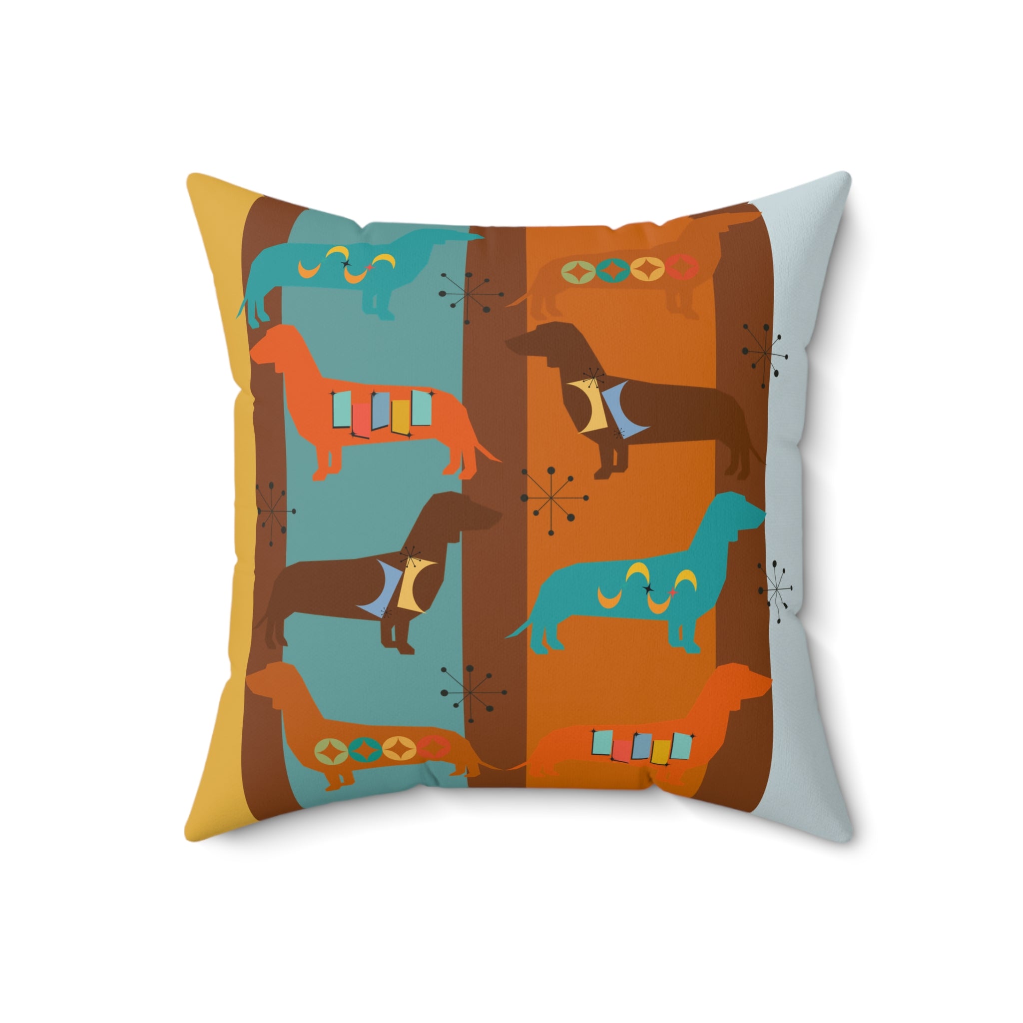 Doxie Dog, Dachshund Lover, Retro Colorful Dog-Themed Square Pillow - Cozy Home Decor - Mid Century Modern Gal