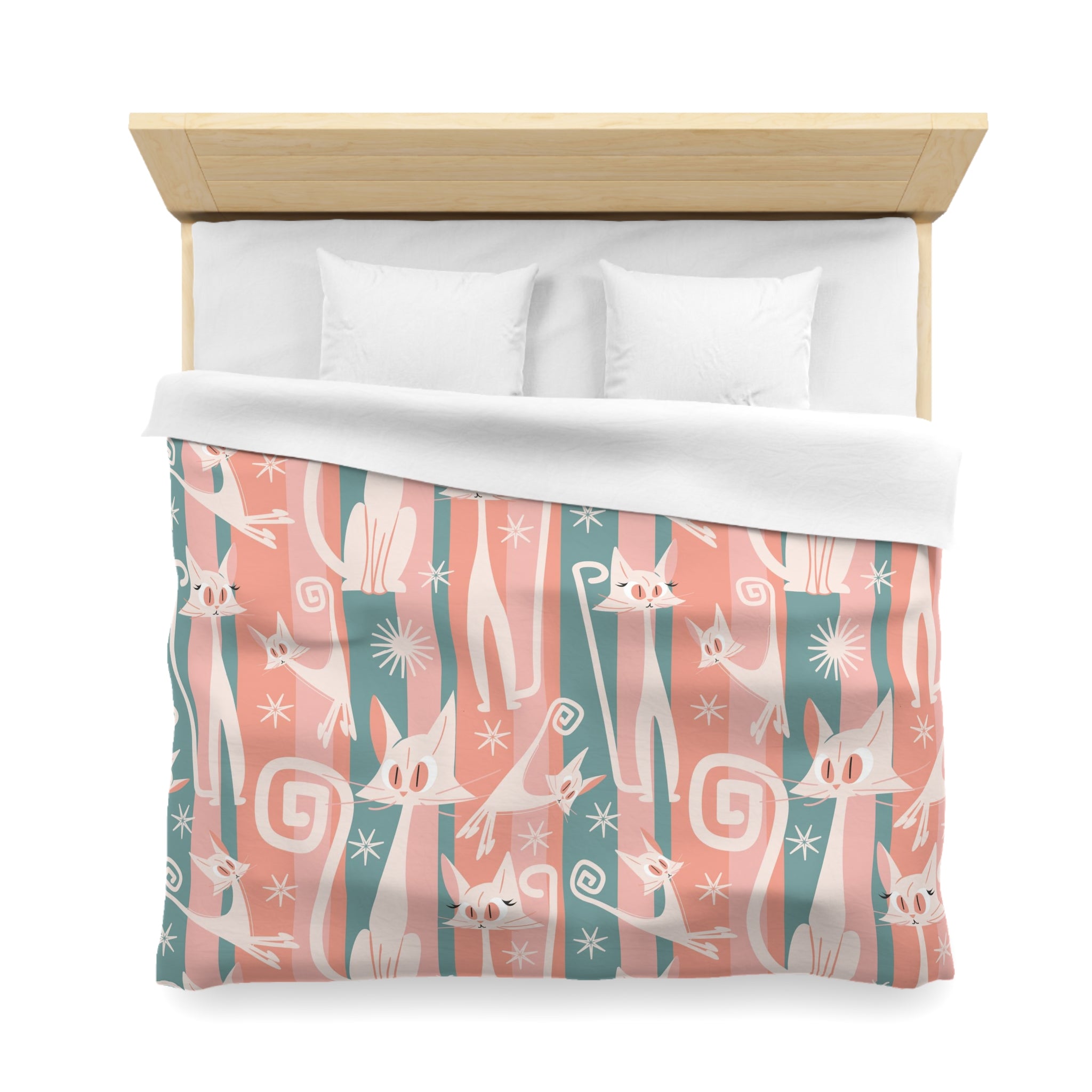 Atomic Cat Bedding, Pink, Aqua Kitschy White Kitties, Mid Century Modern Fun Quirky Duvet - Mid Century Modern Gal