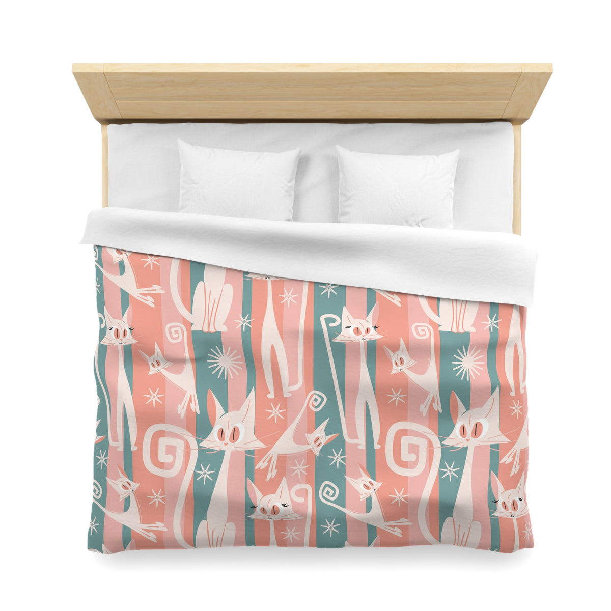 Atomic Cat Bedding, Pink, Aqua Kitschy White Kitties, Mid Century Modern Fun Quirky Duvet - Mid Century Modern Gal