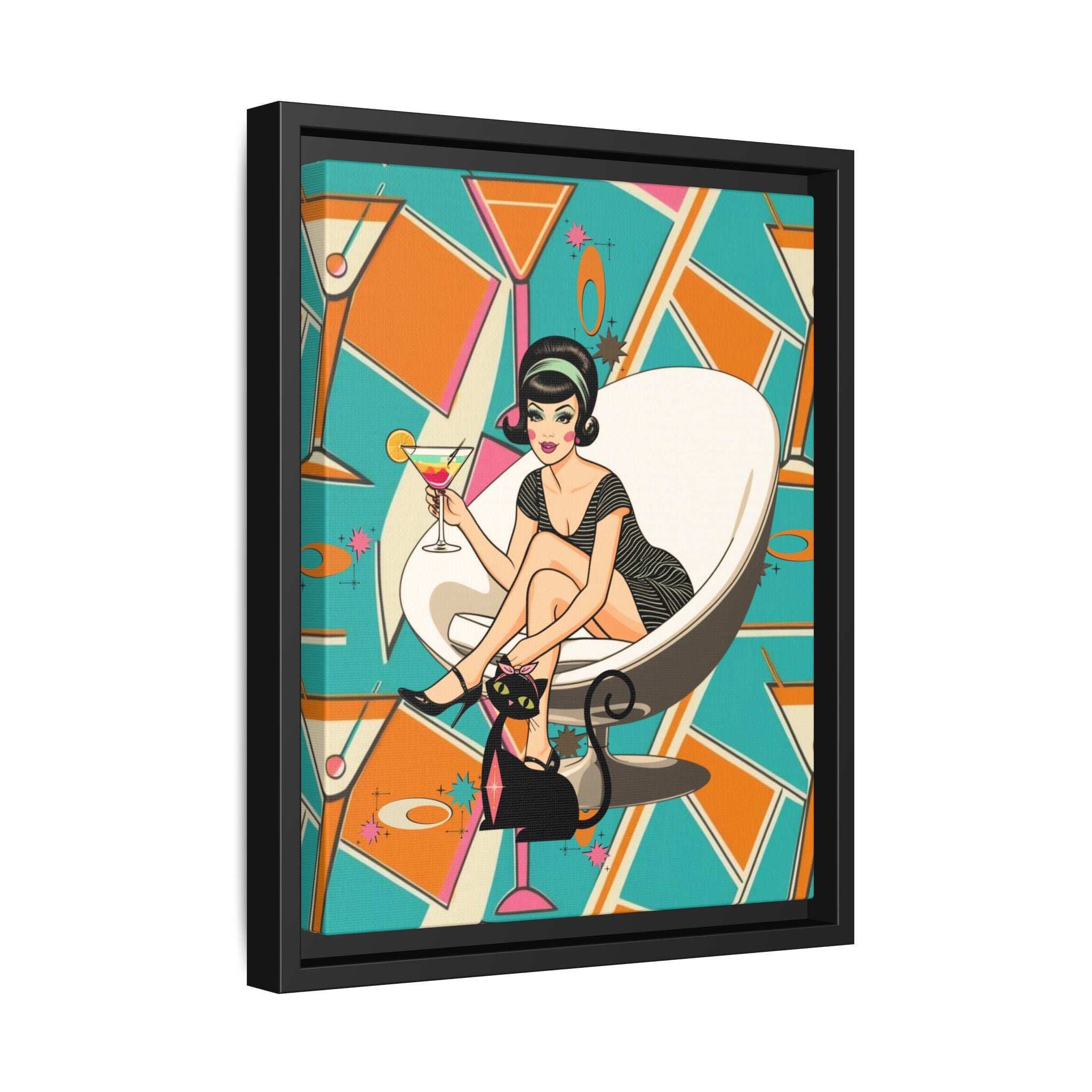 Mid Mod 60s Gal, Atomic Cat Barware Wall Art - Framed Matte Canvas with Vintage Cocktail And Retro Cat Design - Mid Century Modern Gal