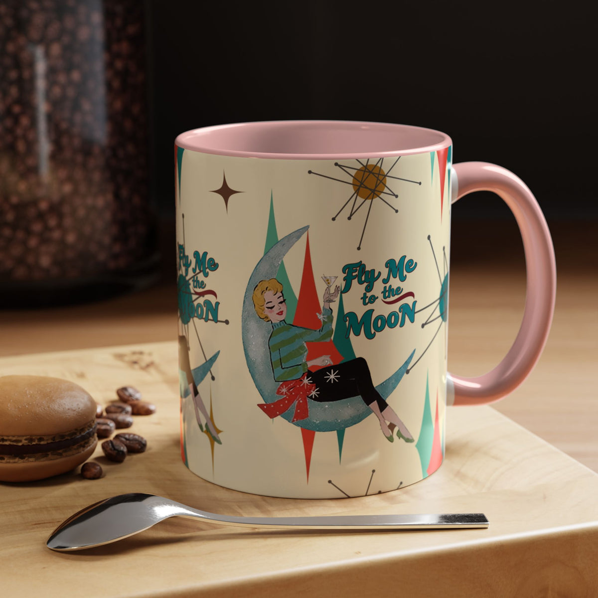 Mid Century Modern Retro Christmas Mug, 'Fly Me to the Moon' Accent Coffee Mug - Vintage Vibe for Coffee Lovers - Mid Century Modern Gal