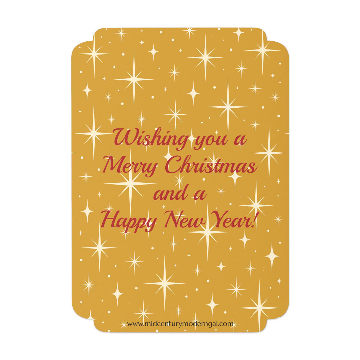 Mid Century Modern Christmas Glamour Gal Wrapping Presents by Tree, Gold Atomic Starbursts Flat Postcard Style Christmas Greeting Cards