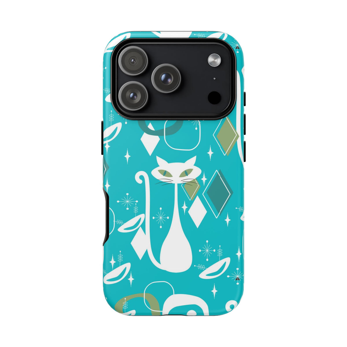 Atomic Cat Space Designs, Mid Century Modern, Aqua, White Kitschy Cat Tough Phone Case