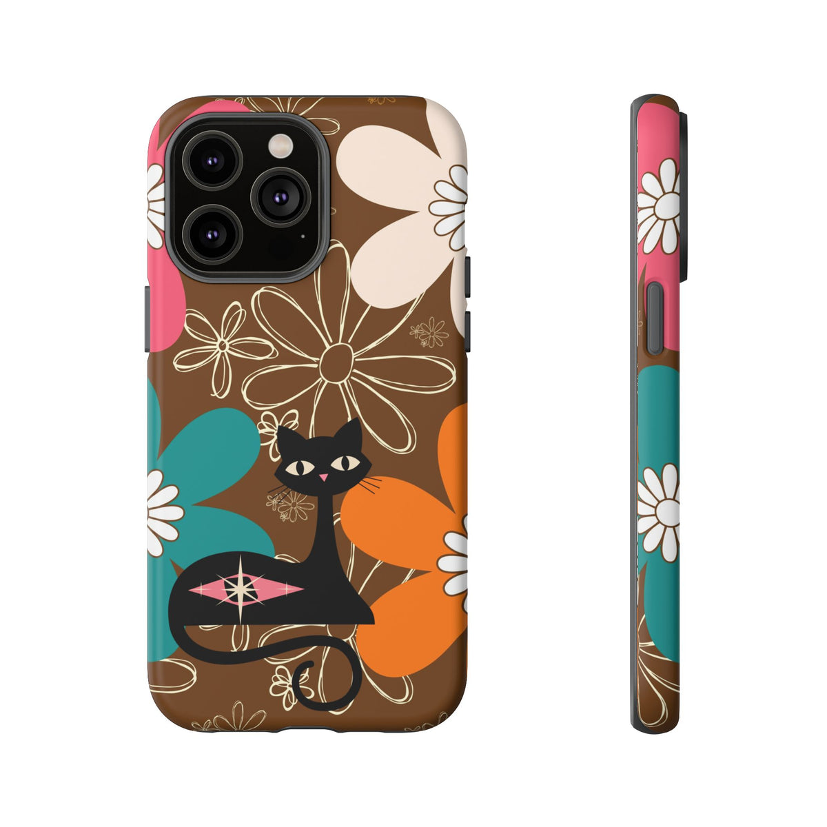 Atomic Cat Retro 70s Vibe Flower Power Tough Cases: Cute Floral and Cat Phone Case for Cat Lovers - Mid Century Modern Gal