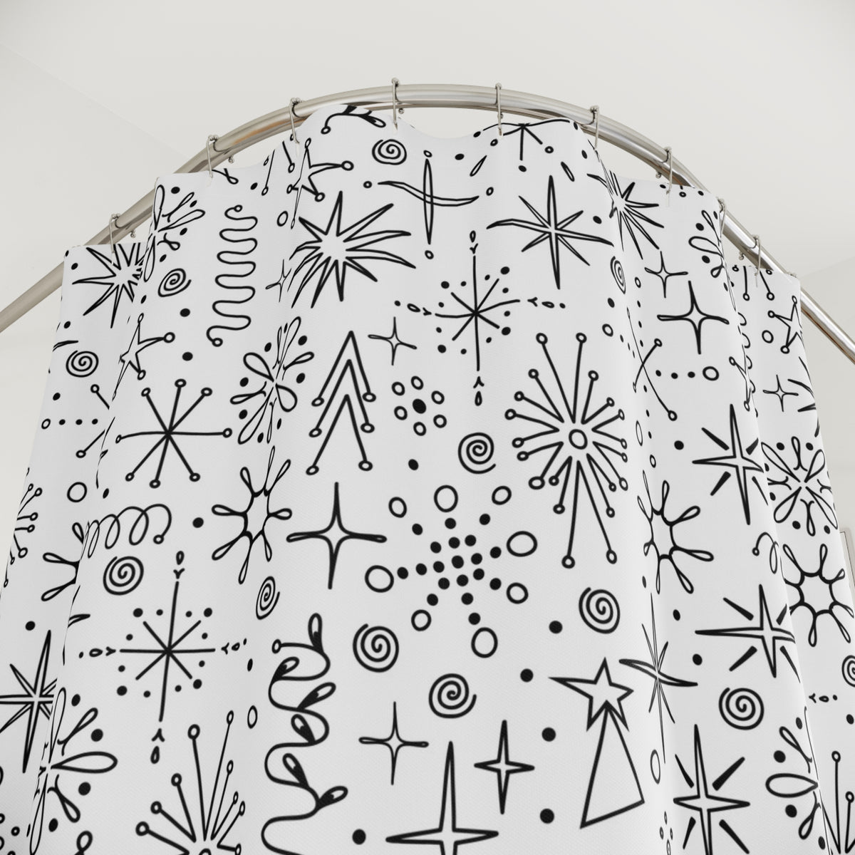 Atomic Space Doodle Art Retro Mod Shower, Black And White Shower Curtain - Mid Century Modern Gal