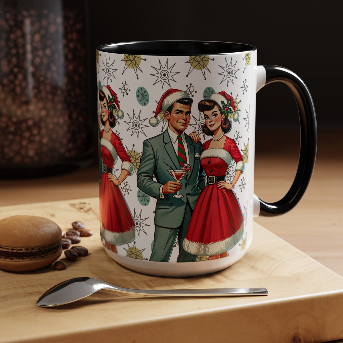 Mid Century Modern mug featuring a 50s Christmas design with a starburst pattern and retro couple in festive attire.