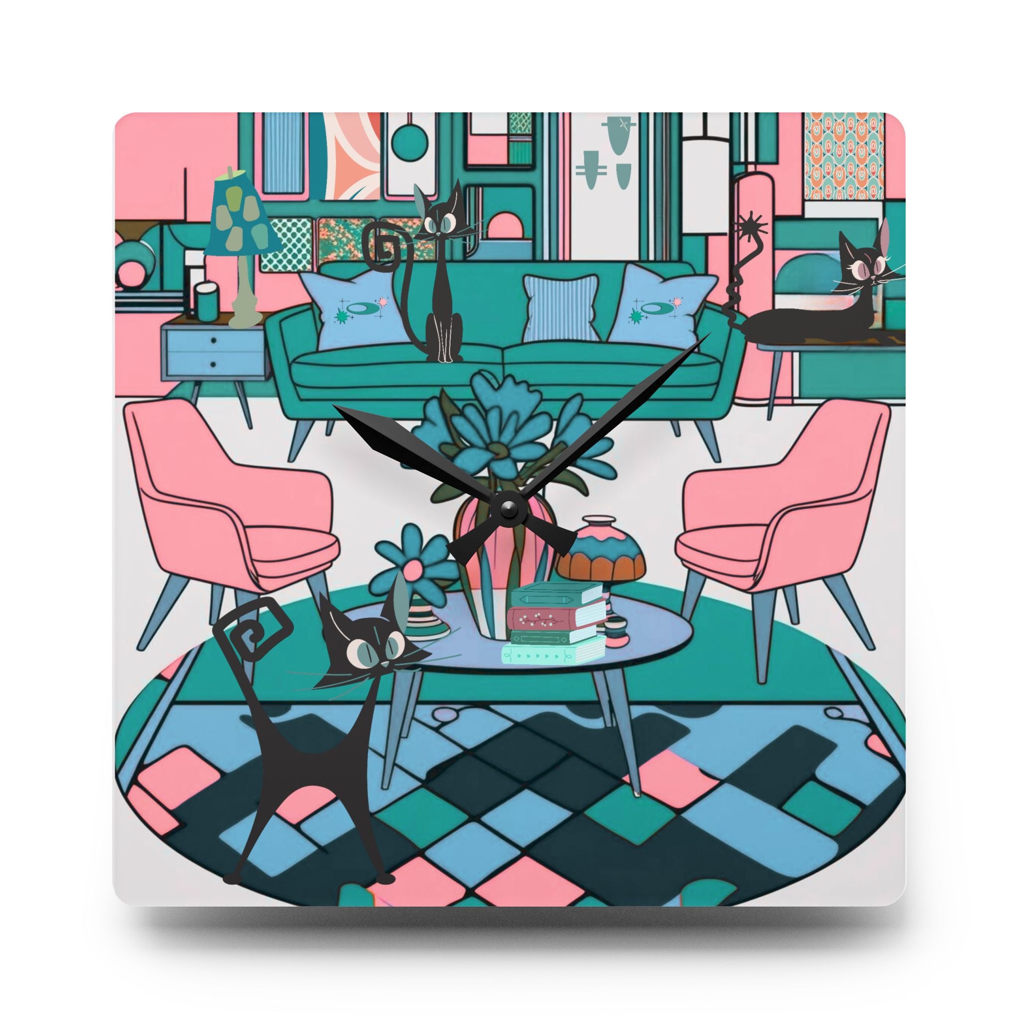 Retro Atomic Lounging Cats Mid Century Modern Kitschy Fun Wall Clock - Mid Century Modern Gal