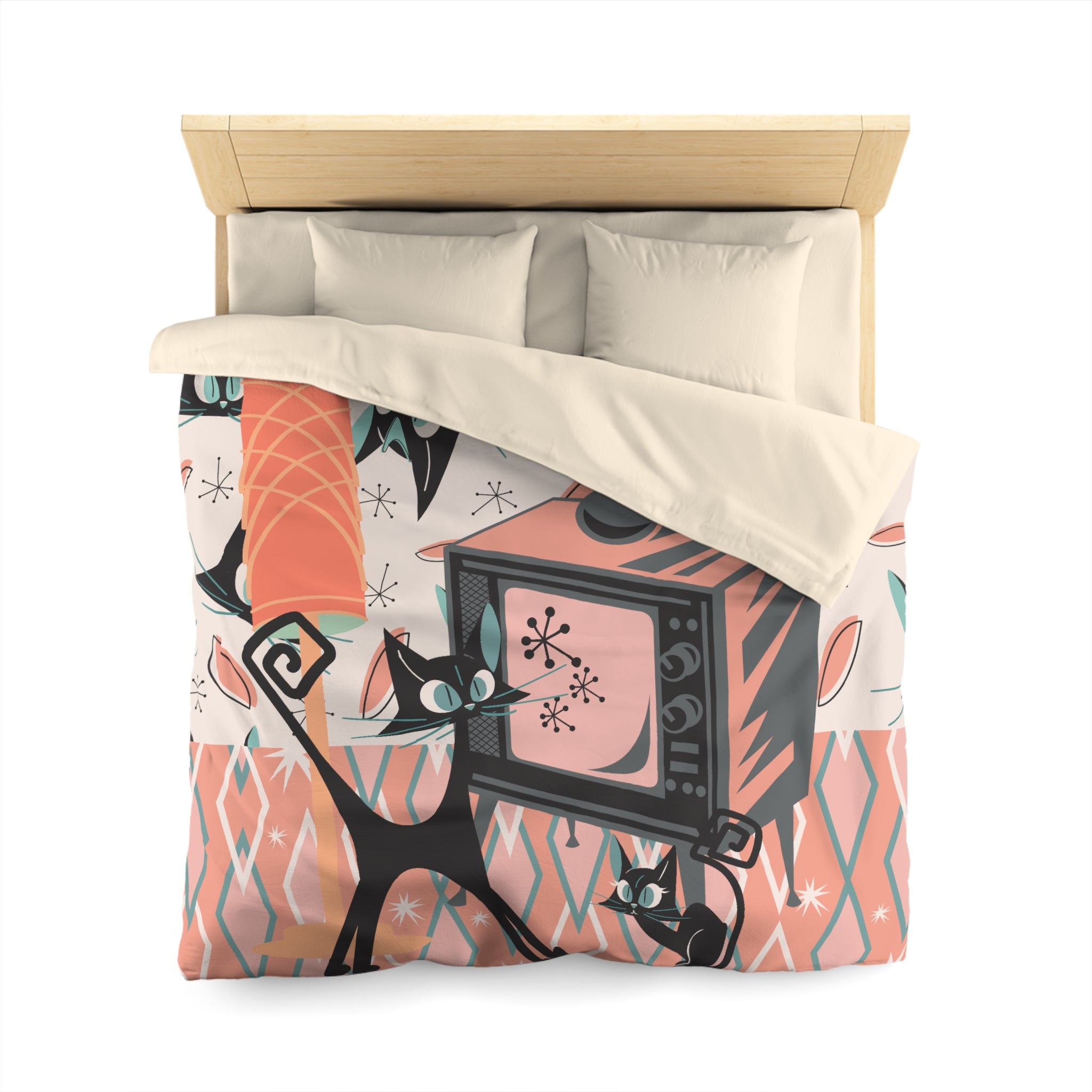 Mid Century Modern Bedding, Atomic Kitschy Cat, Retro TV, Whimsical Fun Quirky Bedroom Decor, In Coral Pink, Teal, Creamy Beige - Mid Century Modern Gal
