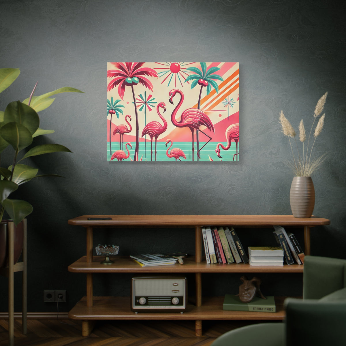 1950s Mid Century Modern Flamingo Art, Kitschy Pink, Teal, MCM Matte Canvas - Mid Century Modern Gal