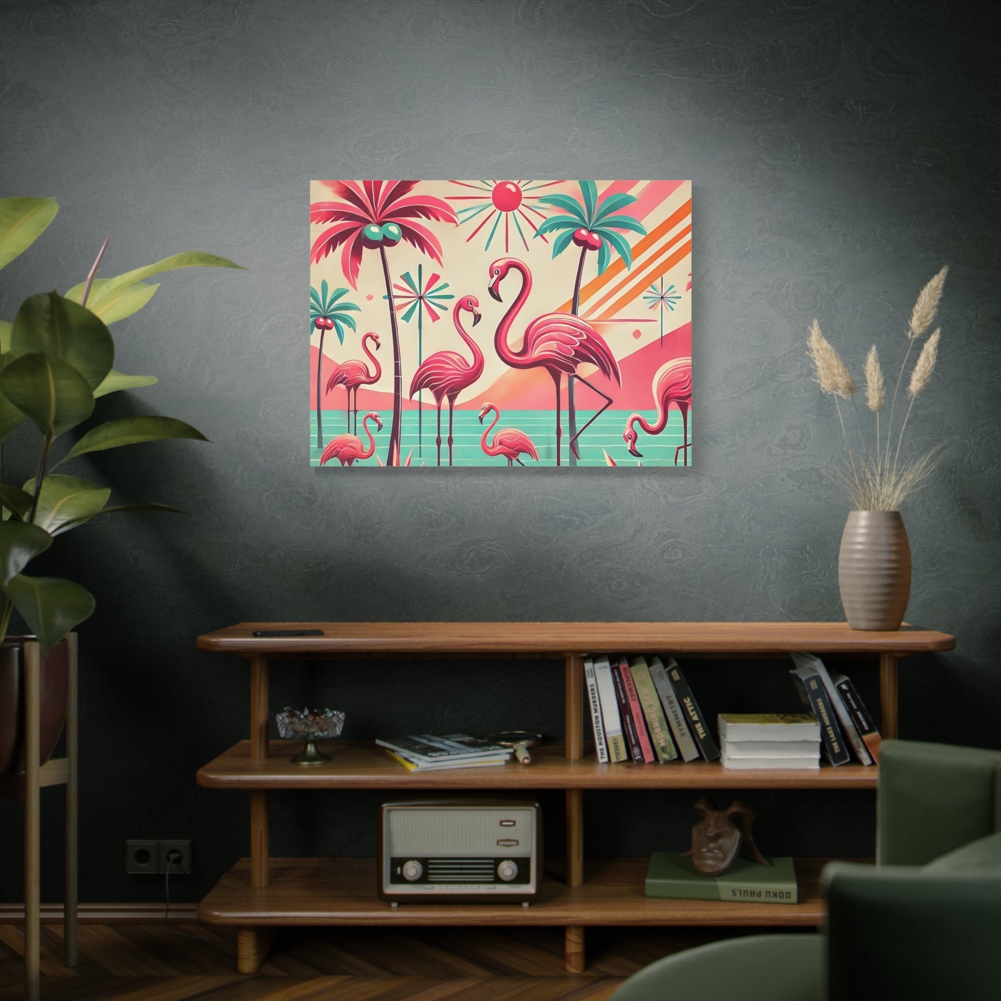 1950s Mid Century Modern Flamingo Art, Kitschy Pink, Teal, MCM Matte Canvas - Mid Century Modern Gal