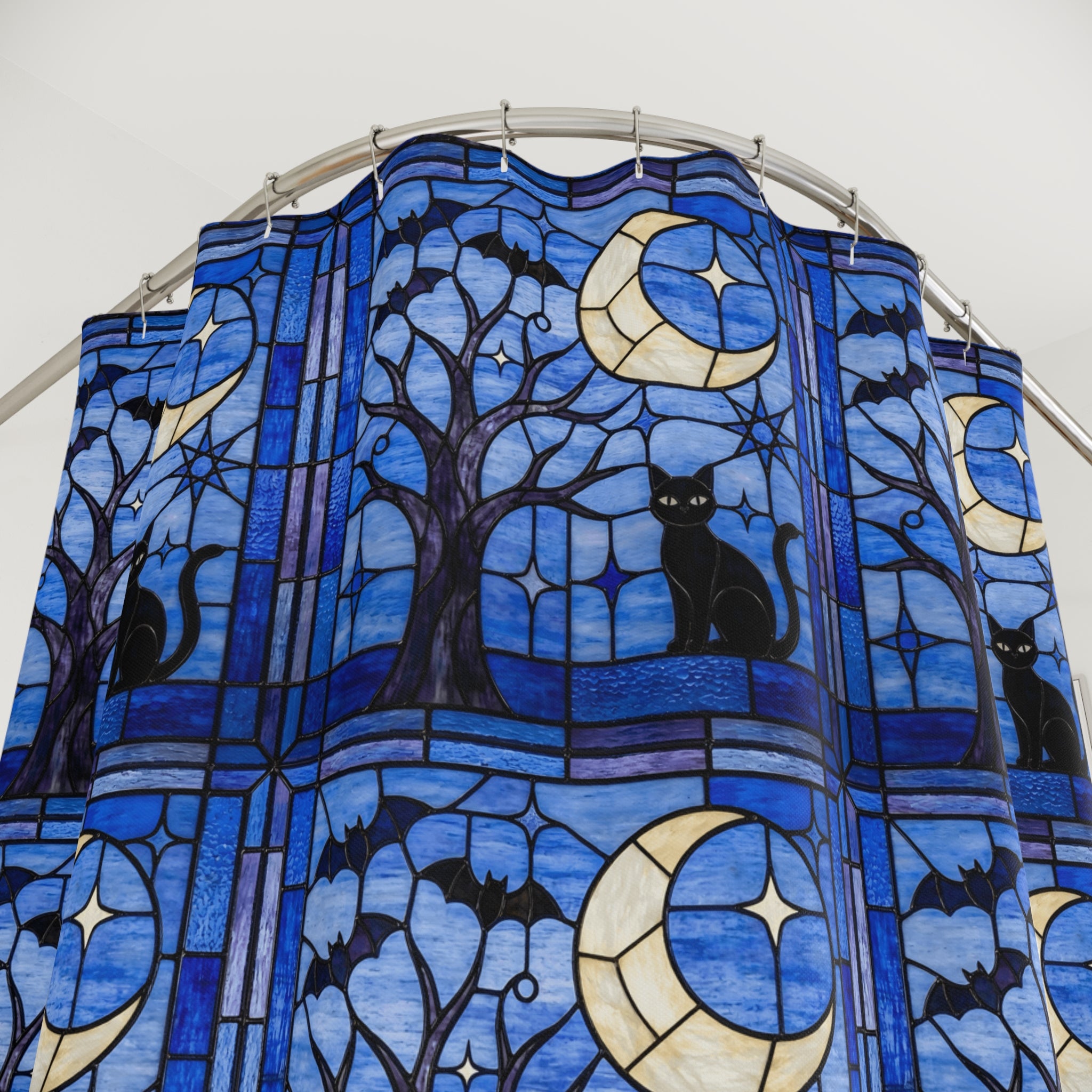 Halloween Stained Glass Style Night Sky Black Cat Shower Curtain - Mid Century Modern Gal