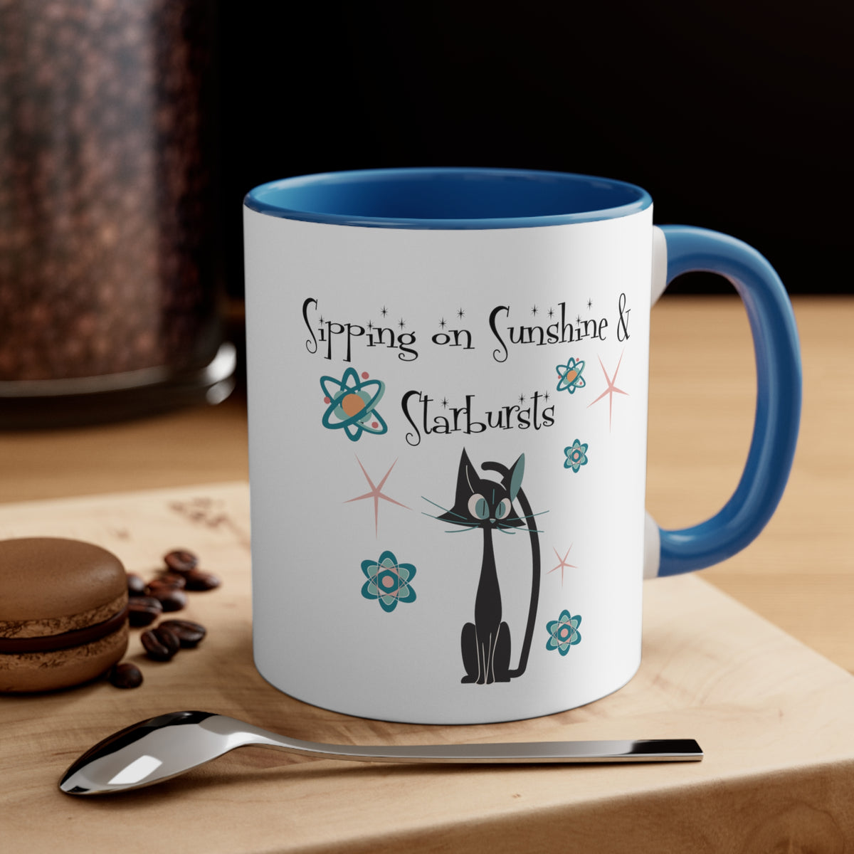 Atomic Cat Coffee Mug, Sipping On Sunshine, Mid Century Modern Style, Atoms, Starbursts Gifts For Couples, Mom, Mid Mod Friend - Mid Century Modern Gal
