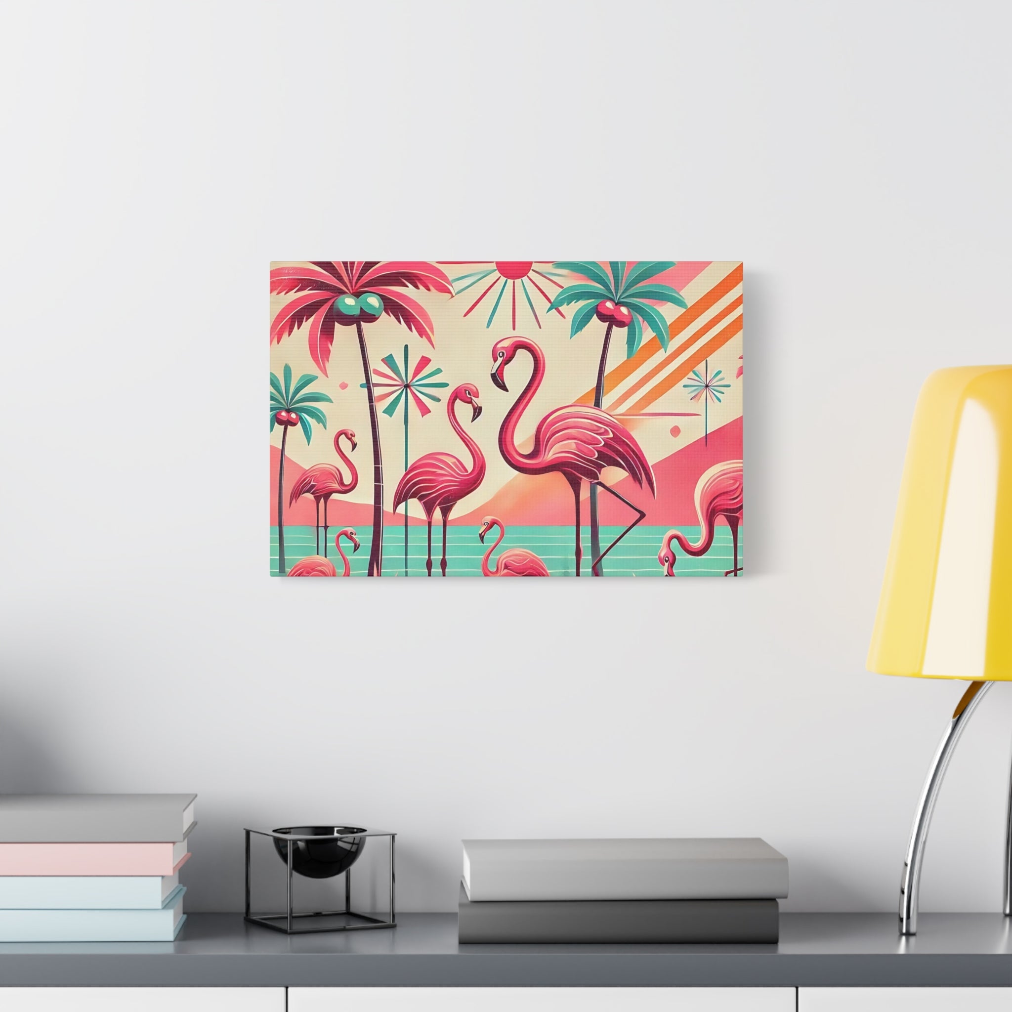 1950s Mid Century Modern Flamingo Art, Kitschy Pink, Teal, MCM Matte Canvas - Mid Century Modern Gal