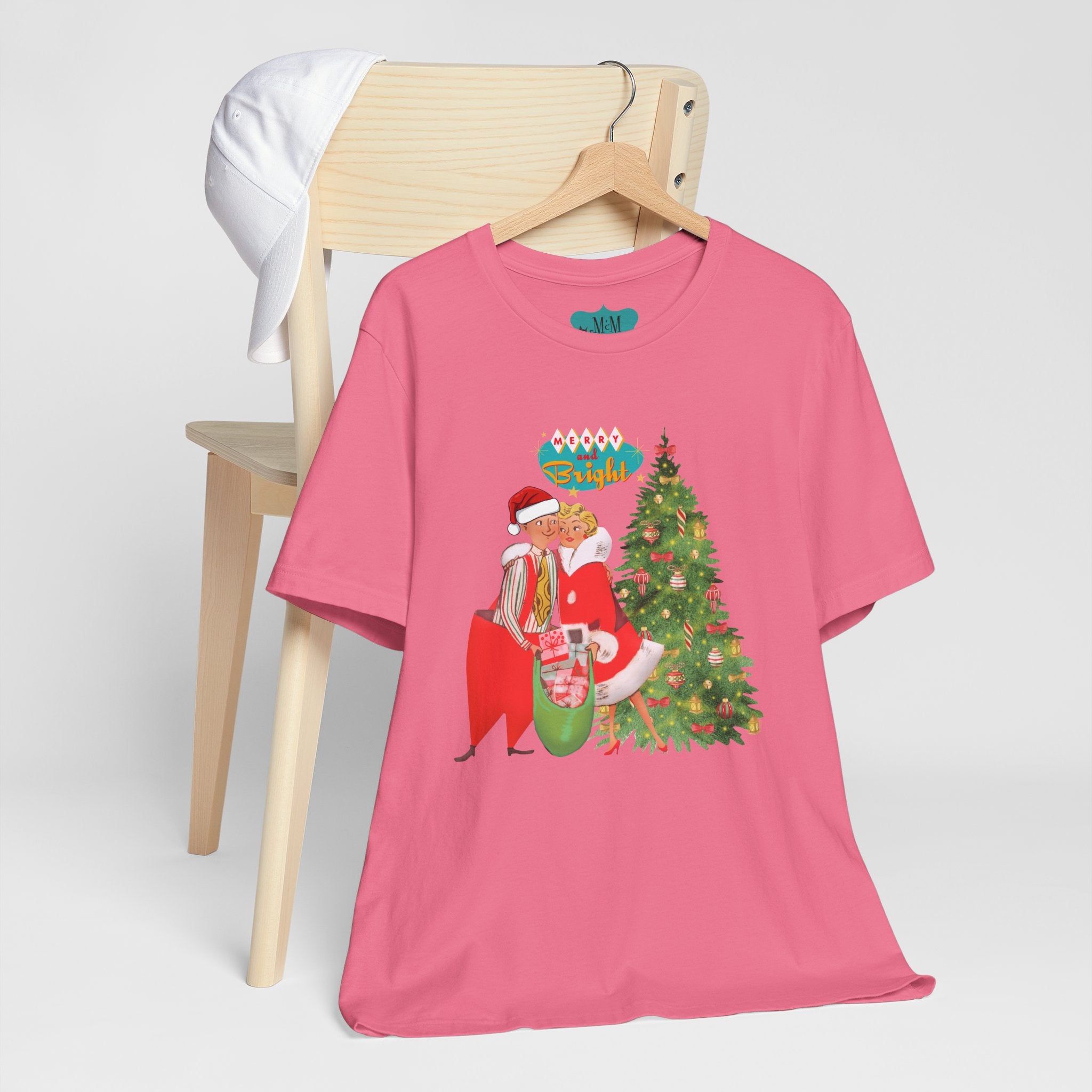 Festive Kitshy Mid Mod Christmas Couple Tee - Unisex Short Sleeve Jersey Shirt - Mid Century Modern Gal