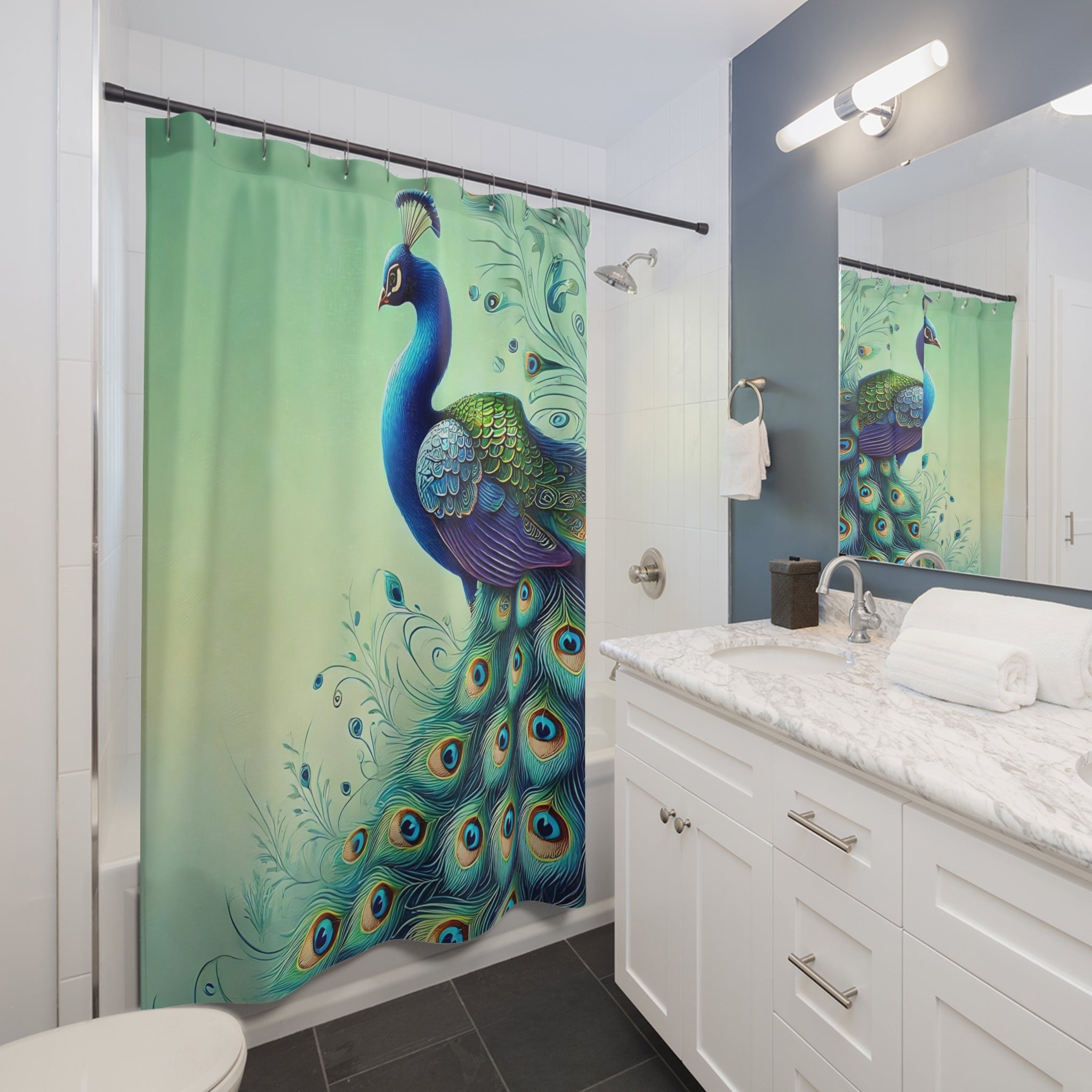 Chinoiserie Elegant Peacock Shower Curtain - Vibrant Bathroom Decor - Mid Century Modern Gal