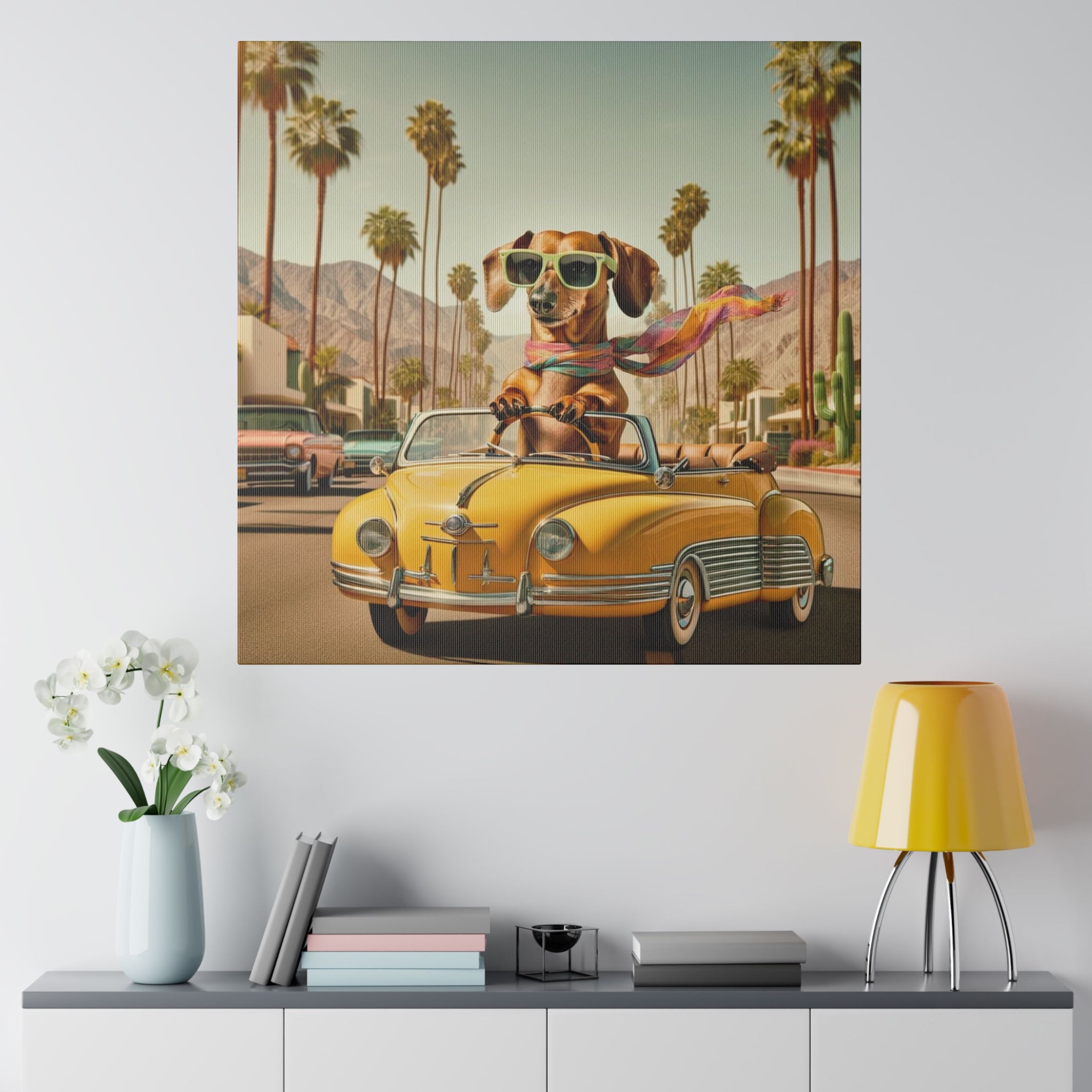 Funny Doxie Dachshund Palm Spring California Driving 50s Inspired Kitschy Wall Art - Mid Century Modern Gal