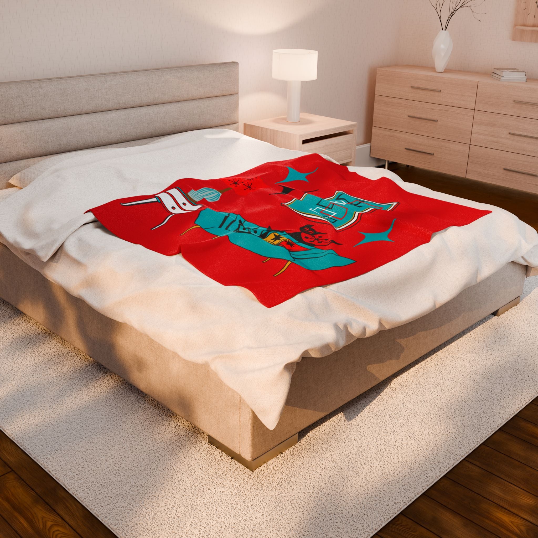 Atomic Cat Art, Cozy Mid Century Modern, Retro Red, Aqua Blue, Teal, Starburst, Black Cat Lover Sherpa Blanket - Mid Century Modern Gal