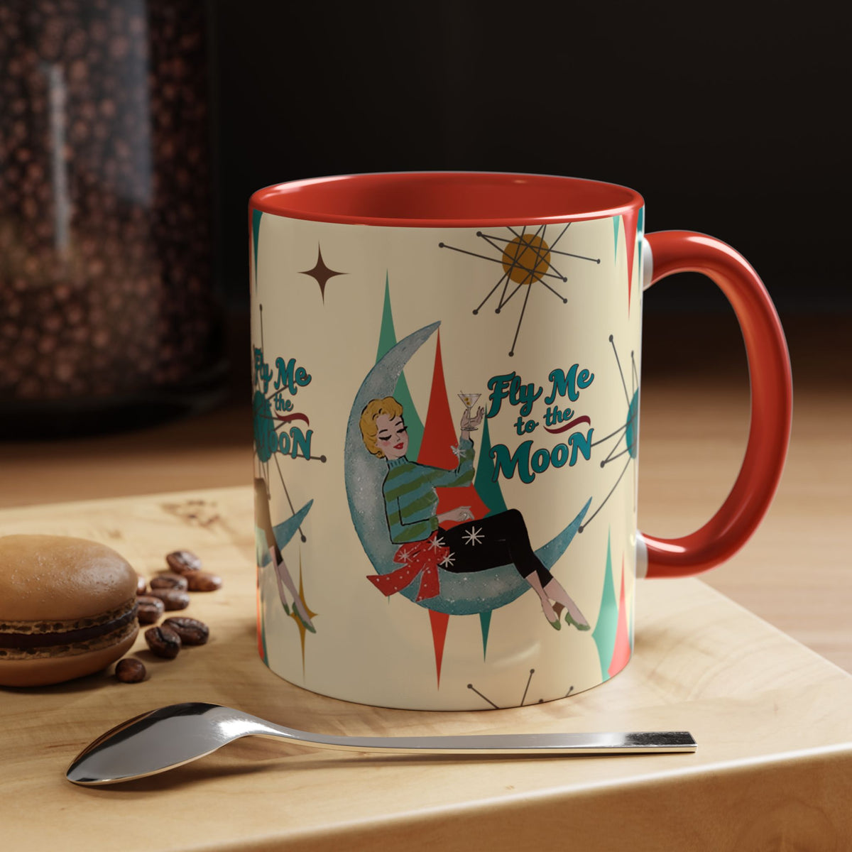 Mid Century Modern Retro Christmas Mug, 'Fly Me to the Moon' Accent Coffee Mug - Vintage Vibe for Coffee Lovers - Mid Century Modern Gal