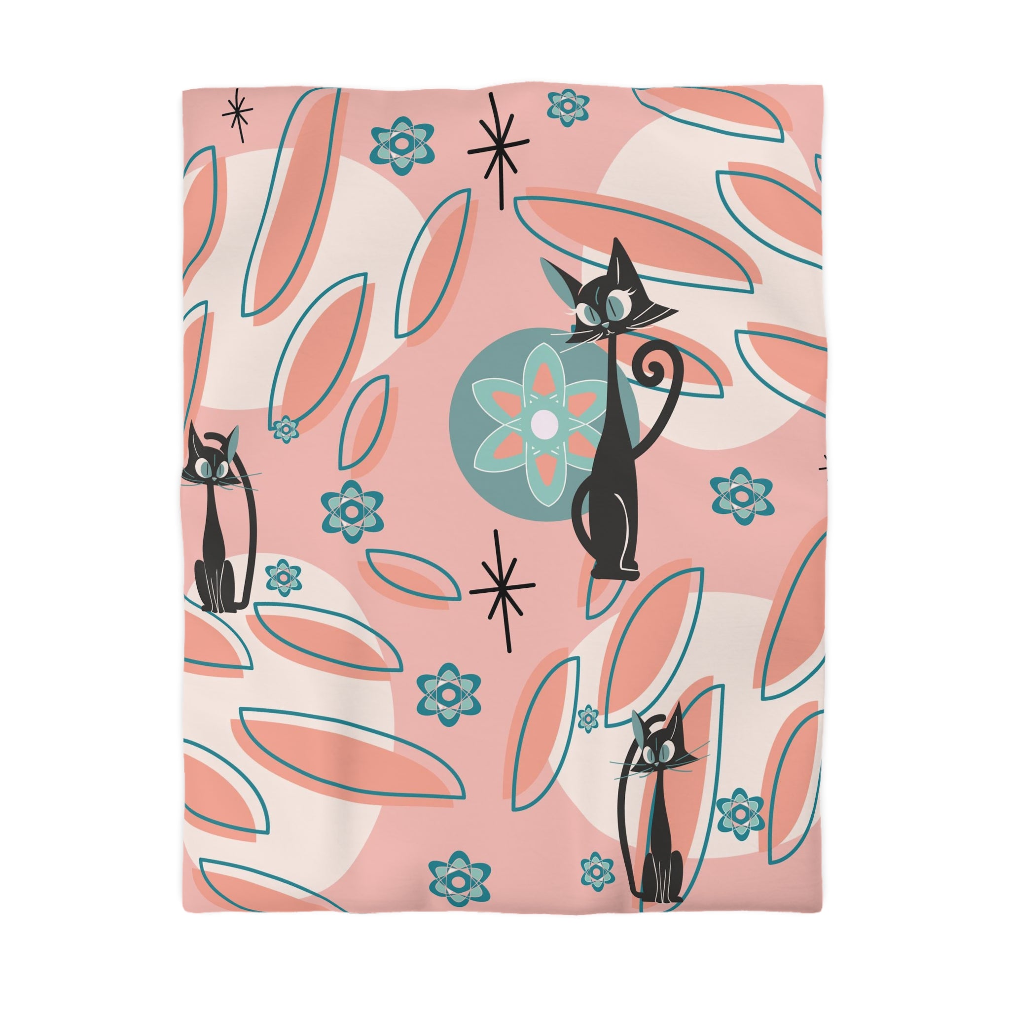 Atomic Cat Mid Century Modern Bedding, Coral Peach, Kitschy Abstract, Atomic Space, MCM Kitschy 50s Duvet Cover - Mid Century Modern Gal