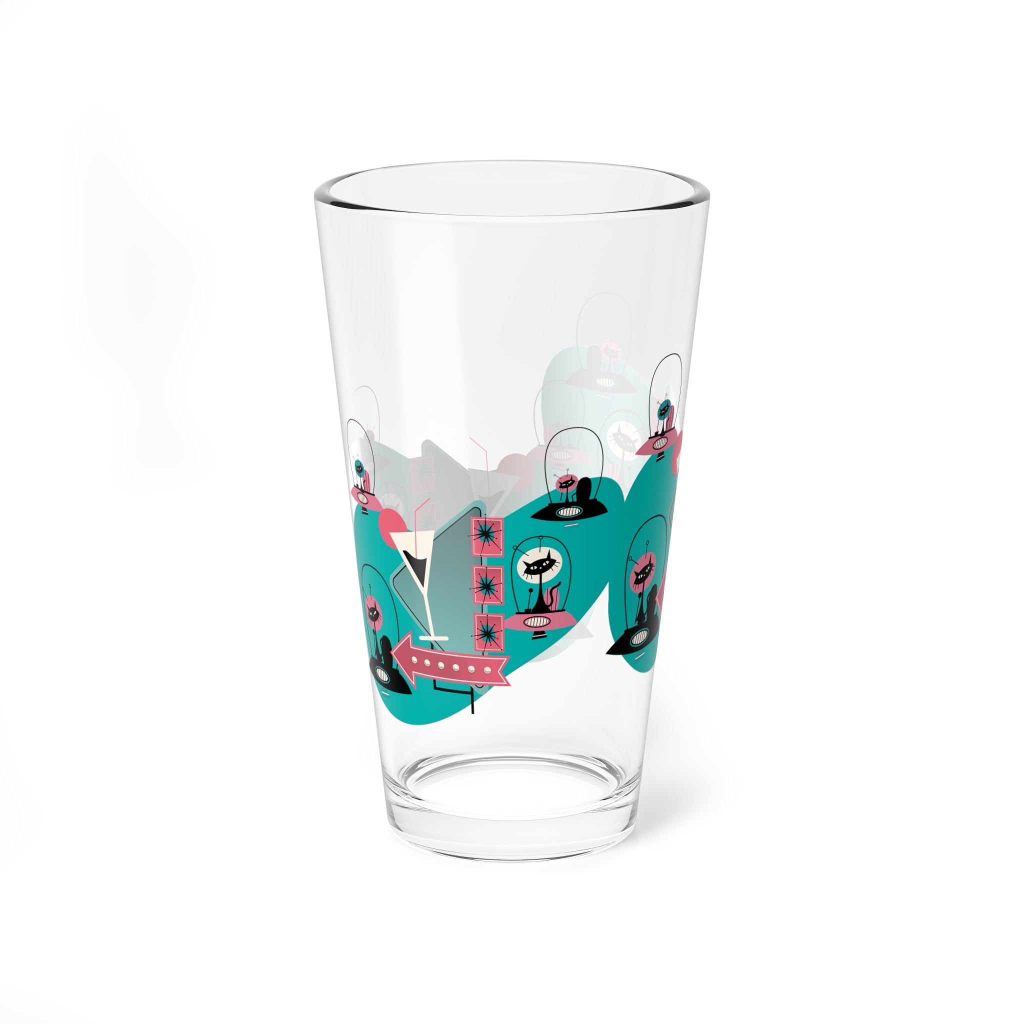 Atomic Cat Retro Barware, Space Kitties, Cats In Space, Mid Century Modern Atomic Living, MCM Drinkware Mixing Glass, 16oz - Mid Century Modern Gal
