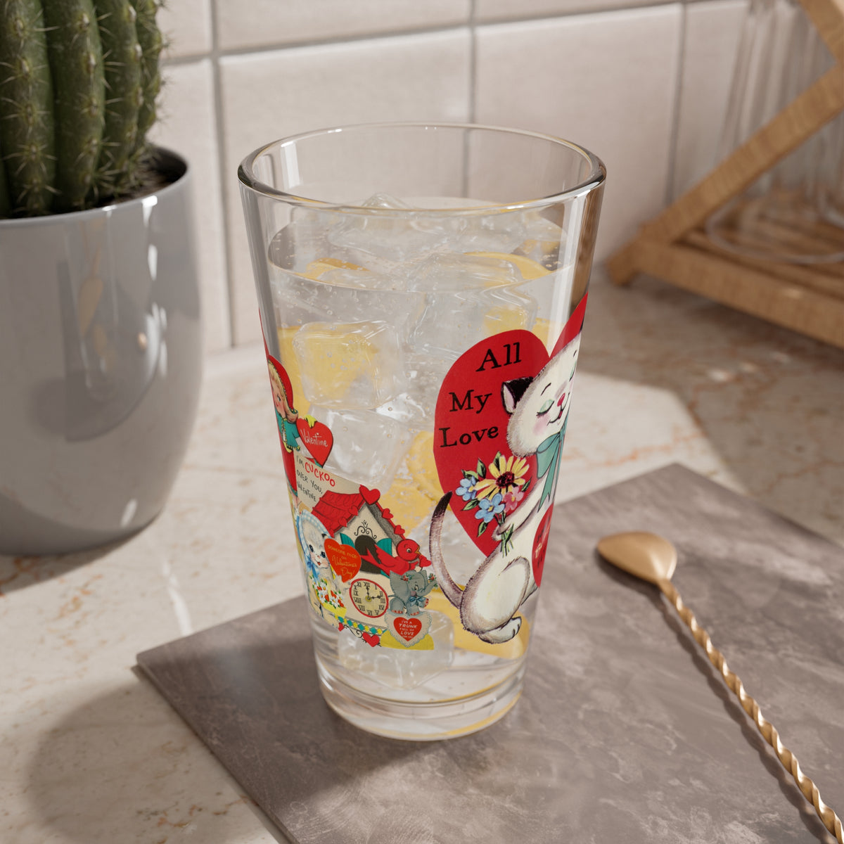 Vintage Valentine Collaged-Inspired Valentine's Mixing Glass - 16oz - Perfect for Love Celebrations - Mid Century Modern Gal