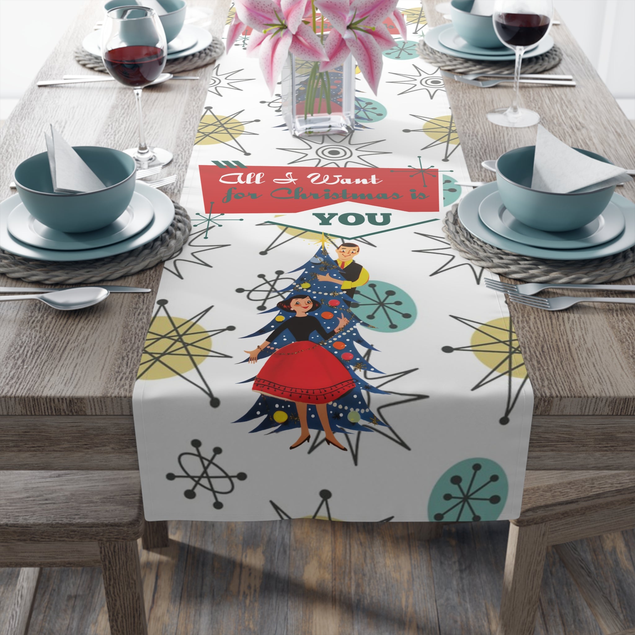 All I want For Christmas Is You, Kitschy MCM Christmas Festive Table Runner - Mid Century Modern Gal