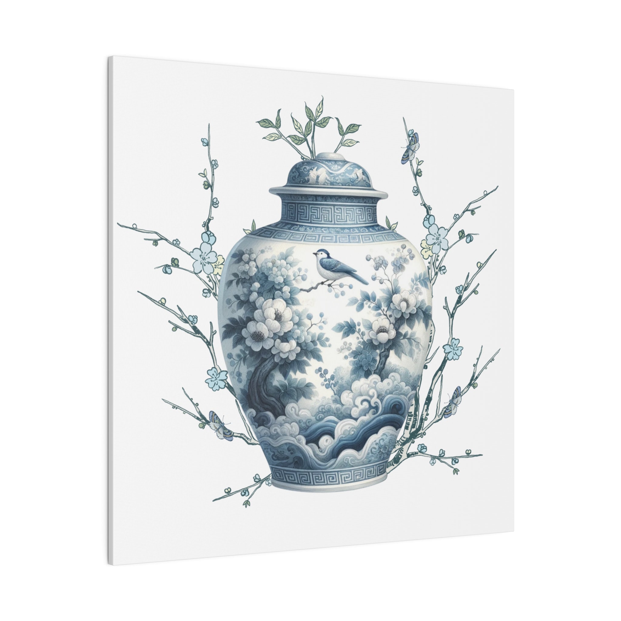 Chinoisiere Wall Art, Ginger Jar, Florals, Birds, Southern Elegance, Matte Canvas - Mid Century Modern Gal