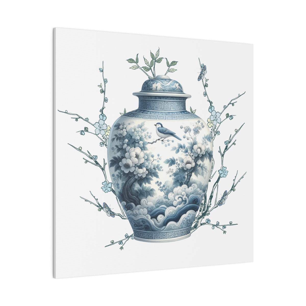Chinoisiere Wall Art, Ginger Jar, Florals, Birds, Southern Elegance, Matte Canvas - Mid Century Modern Gal