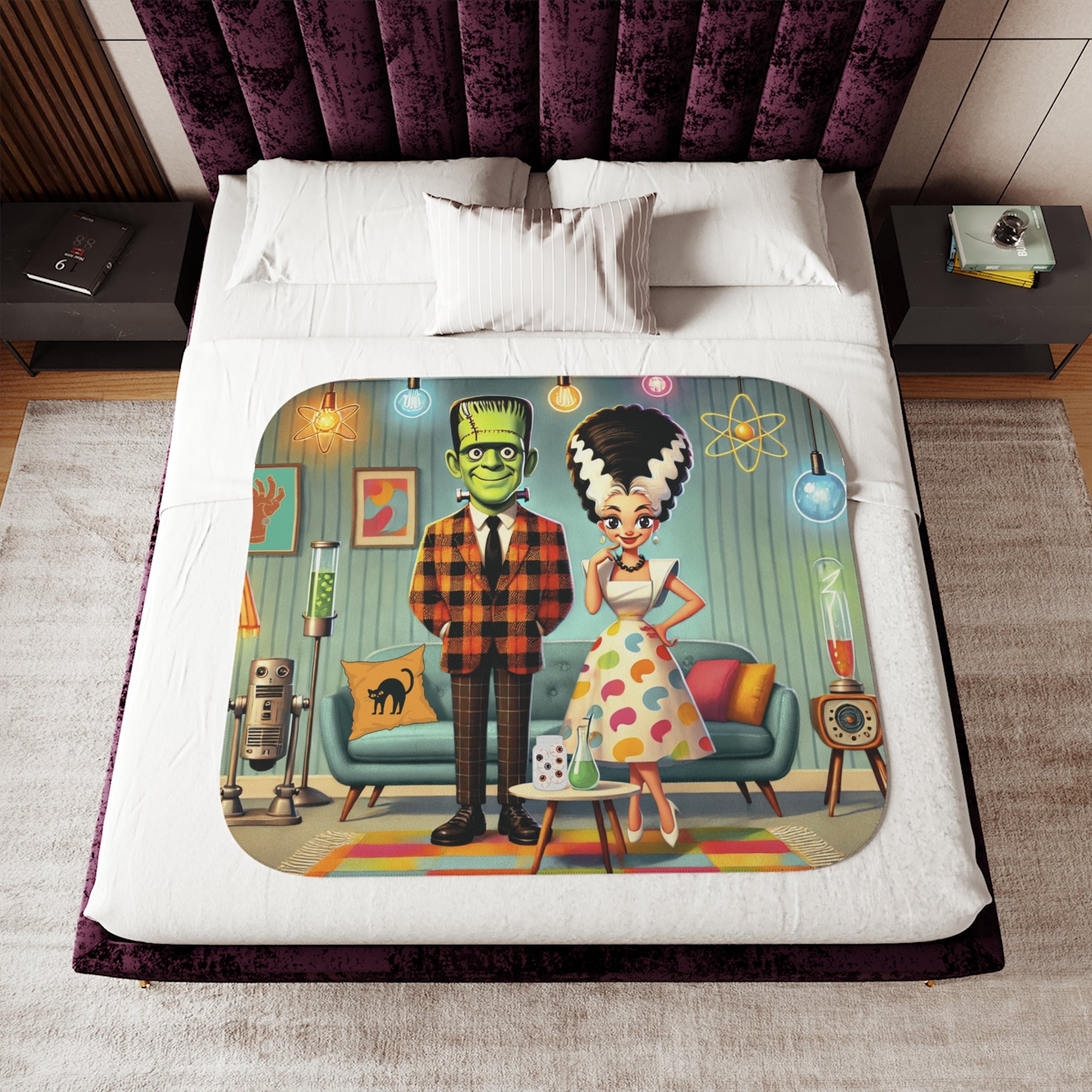 Frankenstein And Bride Retro Monster Sherpa Blanket - Cozy Design for Home Decor - Mid Century Modern Gal