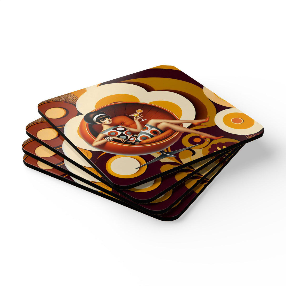 Groovy Mod 60s Gal, Flower Power Table Bar Coasters - Mid Century Modern Gal