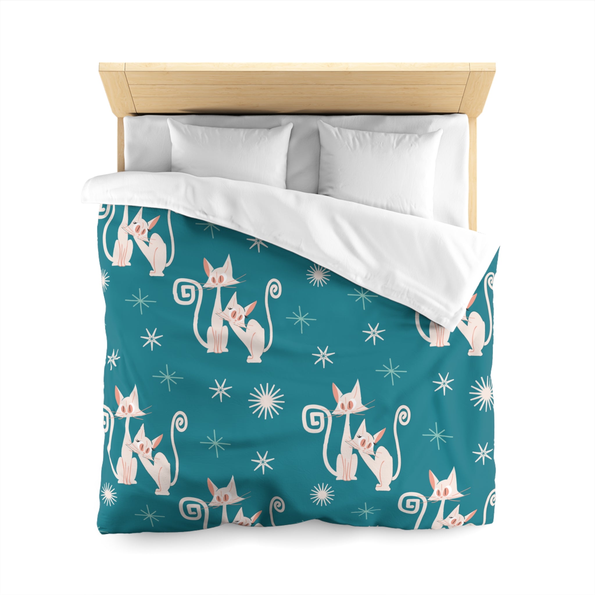 Mid Century Modern Atomic Kitty Cats, Teal, Starburst, MCM Microfiber Duvet Cover - Mid Century Modern Gal