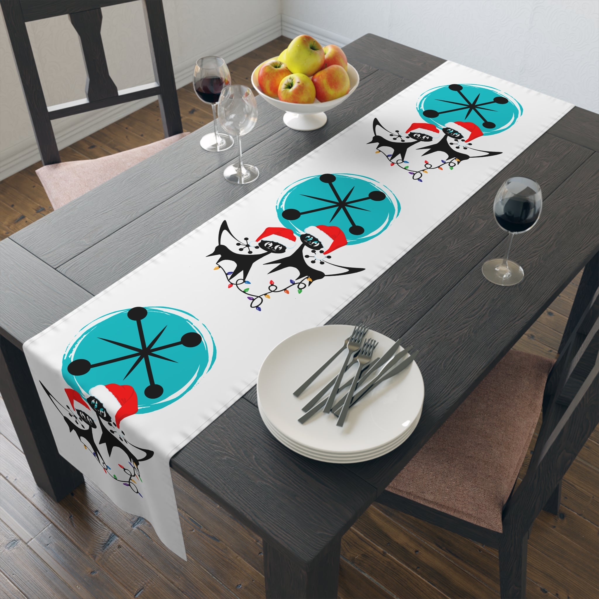 Atomic Cat Retro Christmas Mid Century Modern White MCM Designs Table Runner - Mid Century Modern Gal