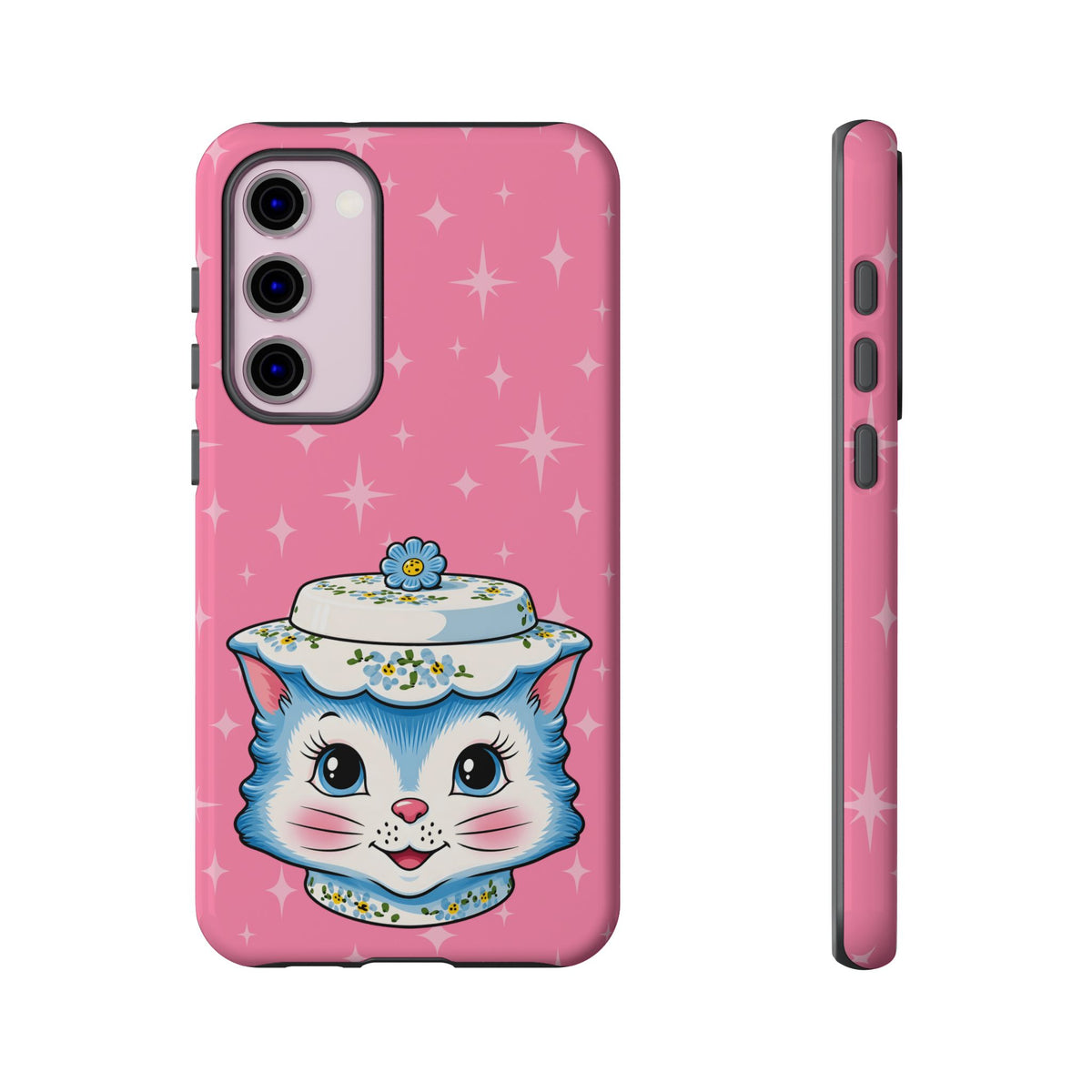 Mid Century Modern Kitschy Anthropomorphic Blue Cat with Floral Hat Tough Phone Case