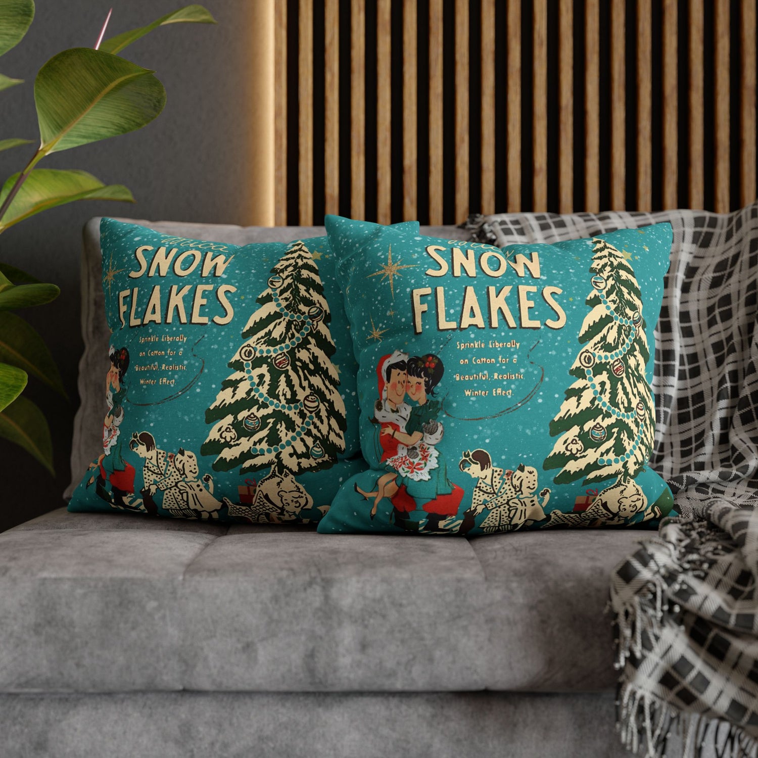 50s Mica Snow Christmas Pillow, Kitschy Mod Couple, Festive Fun Pillow Cover - Mid Century Modern Gal