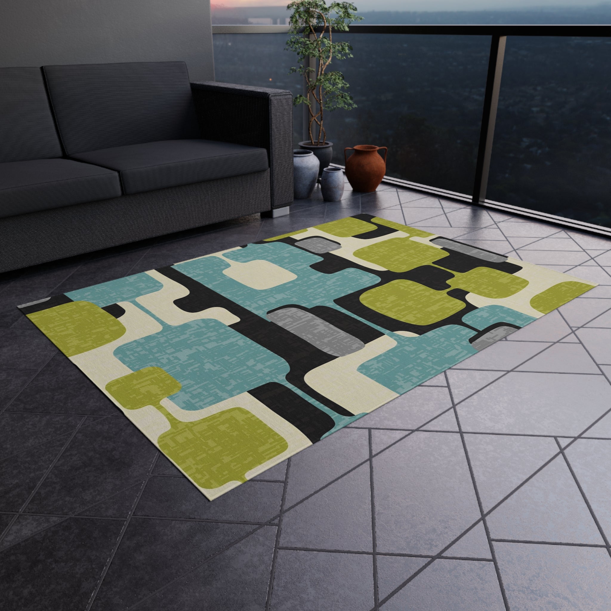 Mid Century Modern Geometric Indoor, Outdoor Area Rug, Lime Green, Aqua Blue, Black - Mid Century Modern Gal