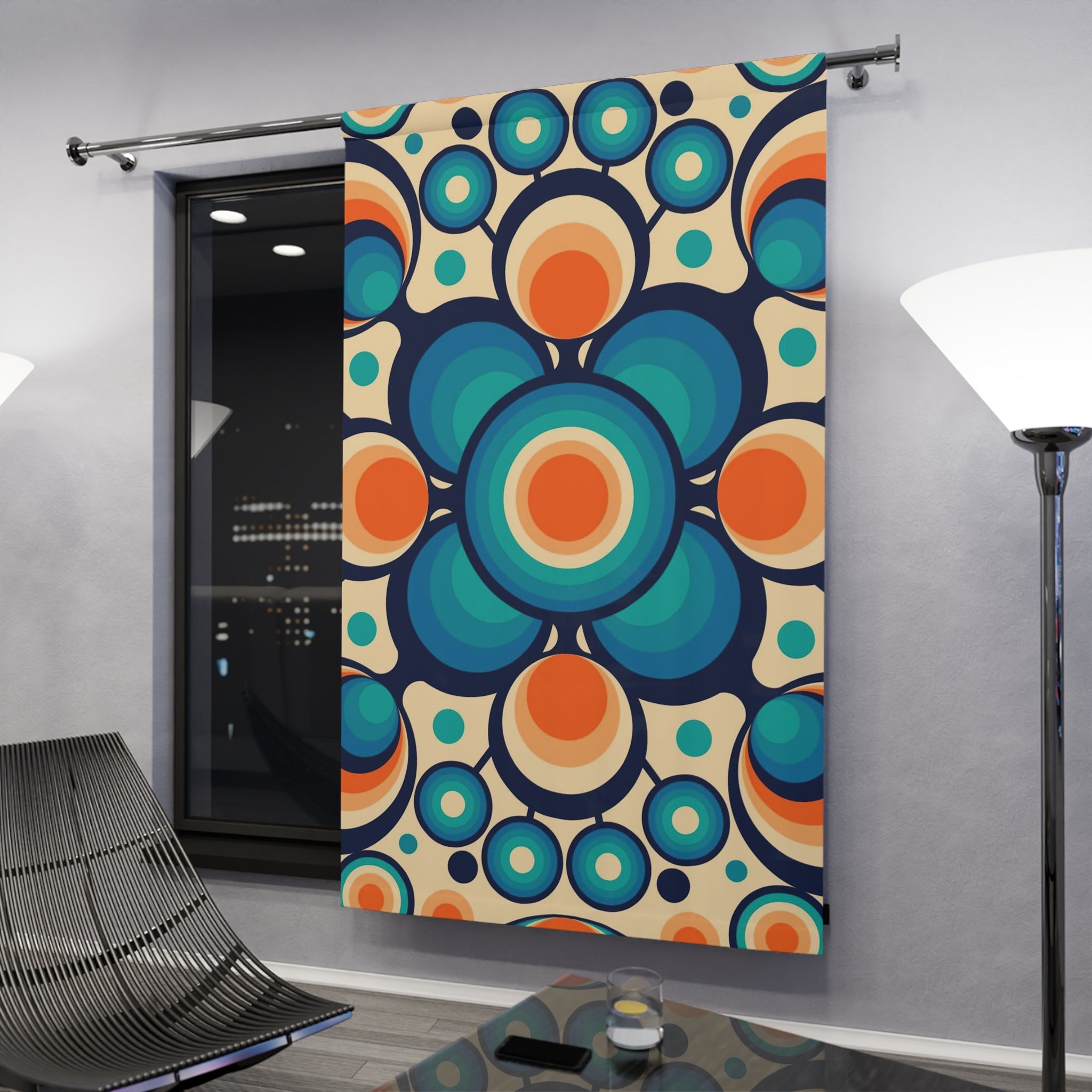 Mid Century Modern Groovy Orbs, Orange, Blue Geometric Mid Mod Retro Window Curtains (1 Piece) - Mid Century Modern Gal