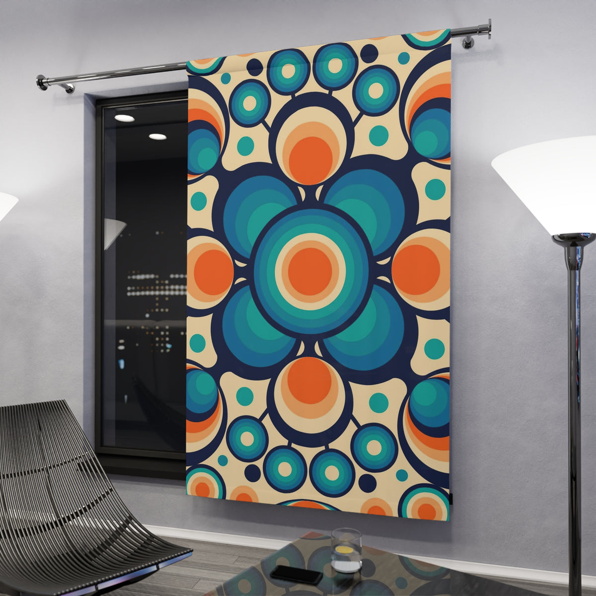 Mid Century Modern Groovy Orbs, Orange, Blue Geometric Mid Mod Retro Window Curtains (1 Piece) - Mid Century Modern Gal