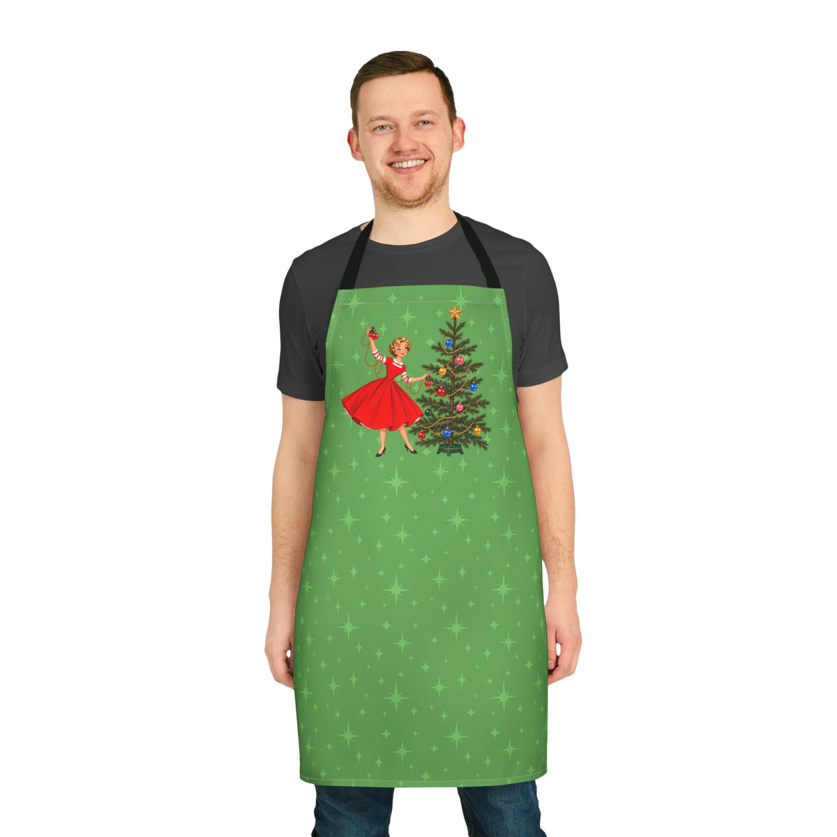 Mid Century Modern Gal Decorating Christmas Tree, Green Atomic Starbursts Apron