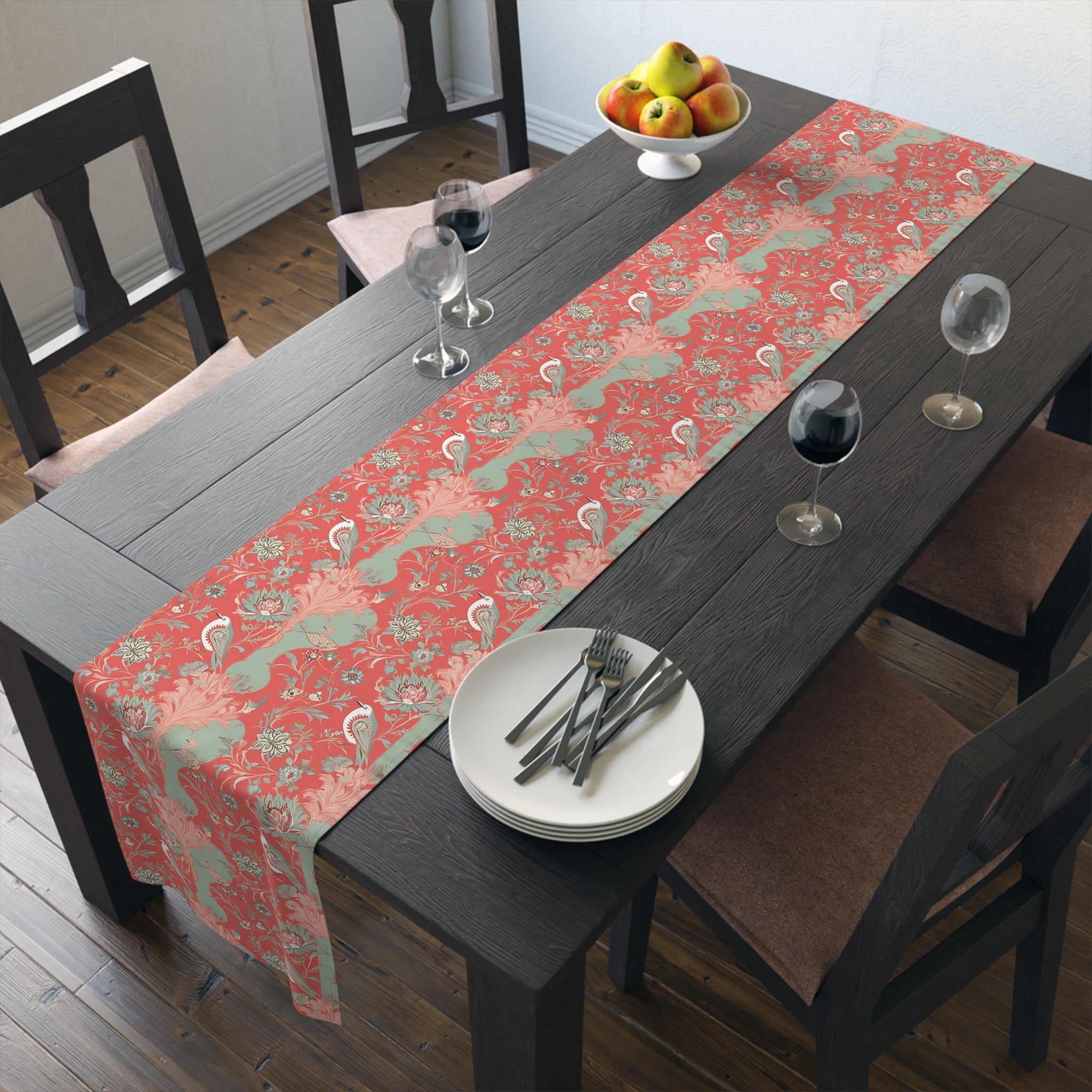 Chinoiserie Botanical Floral Coral, Mint Green Bohemian Floral Table Runner - Mid Century Modern Gal
